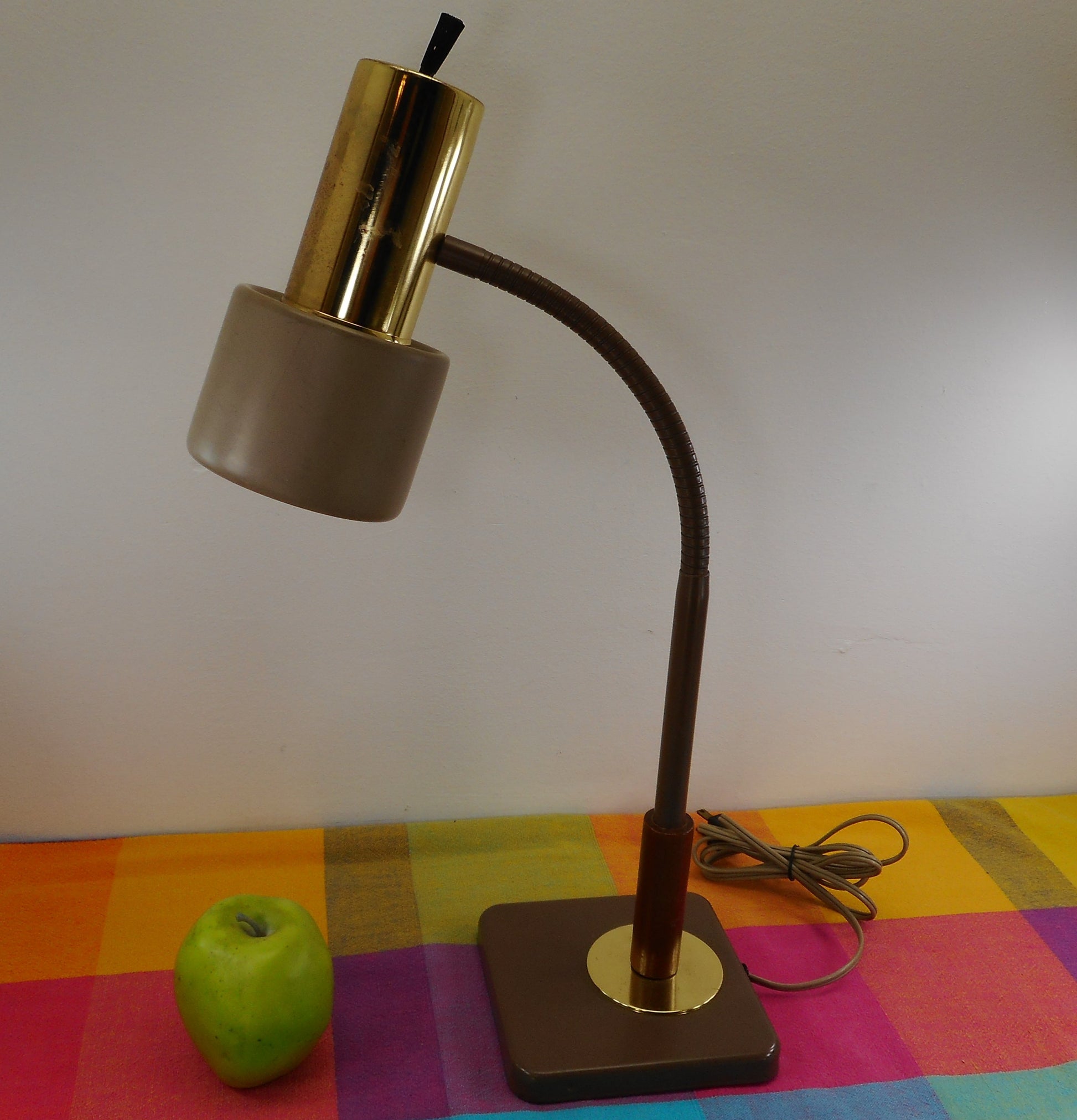 Keystone Gooseneck Desk Lamp Brown/Tan Brass Walnut Wood MCM