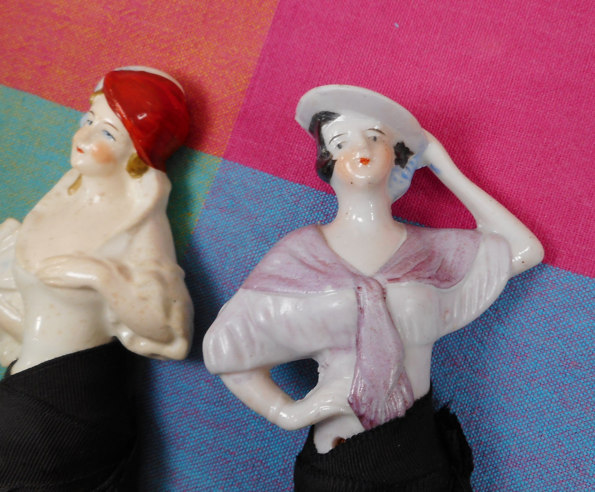 Antique Pair Half Doll Porcelain Lady Vanity/Clothes Brushes Old