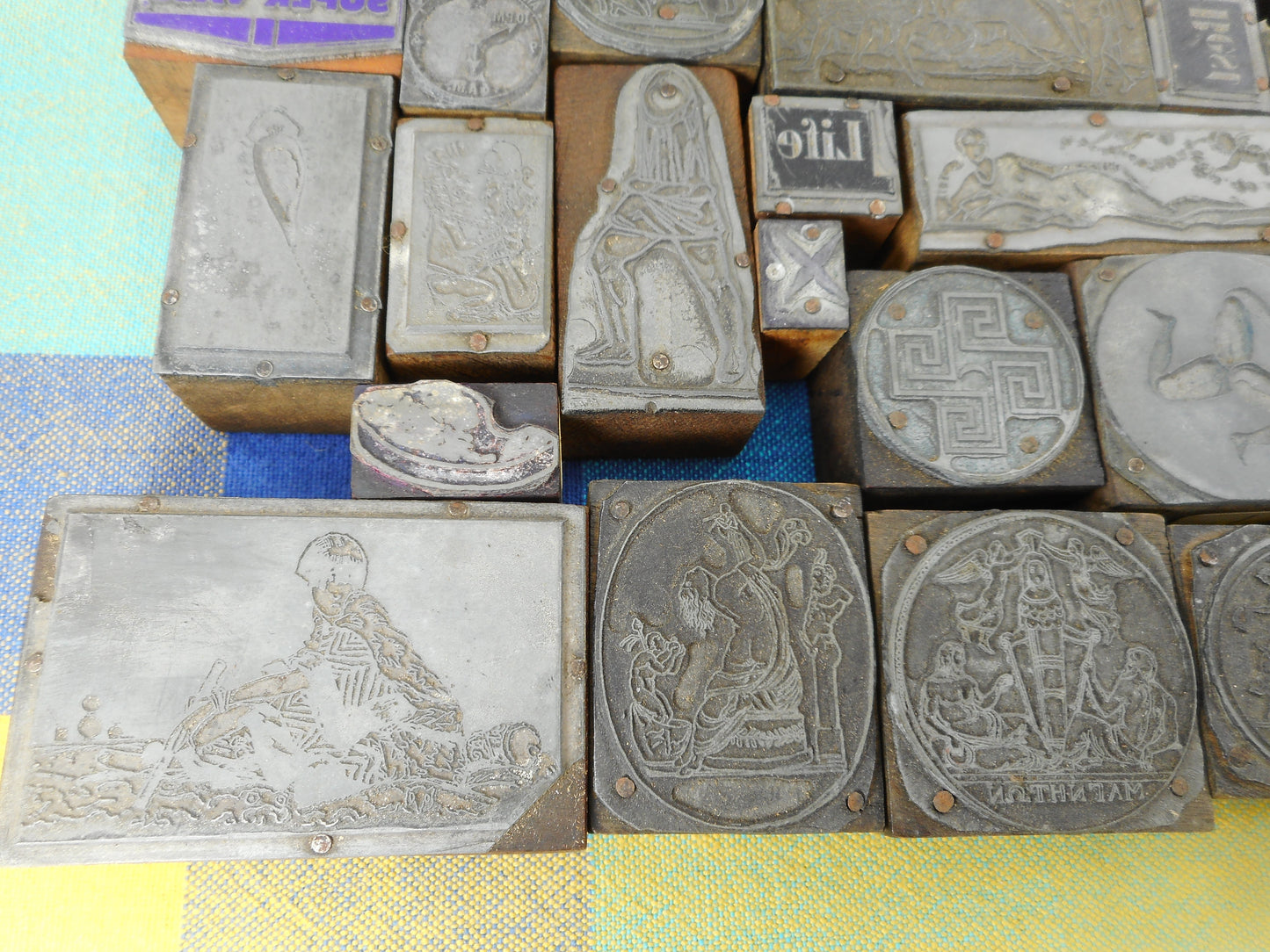 Letterpress Printing Vintage 37 Lot Lead Wood Block Images - Mythology Spiritual Nudes Advertising Gods