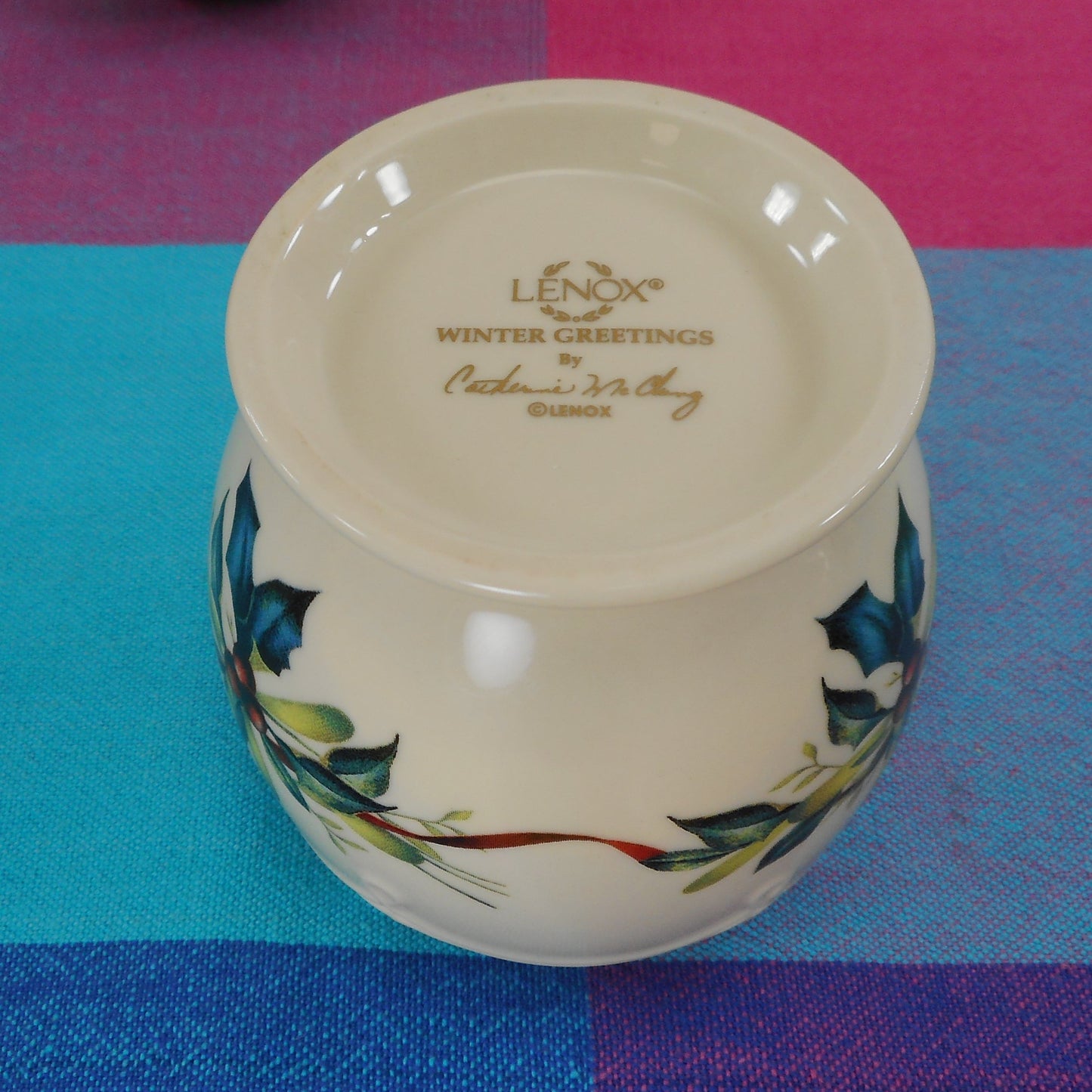 Lenox Porcelain Votive Candle Holder - Winter Greetings Holly - Catherine McClung  signed