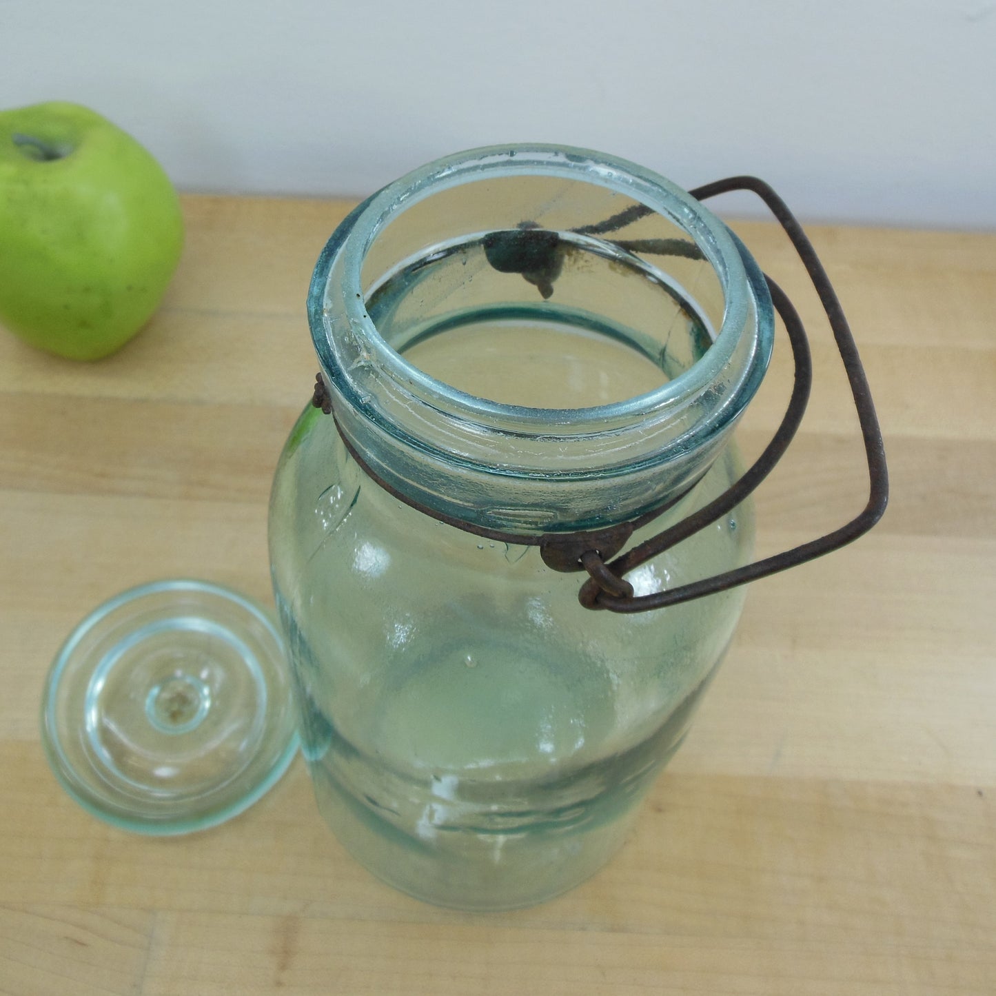 Leotric Aqua Glass 1 Quart Fruit Canning Jar Dots Vintage