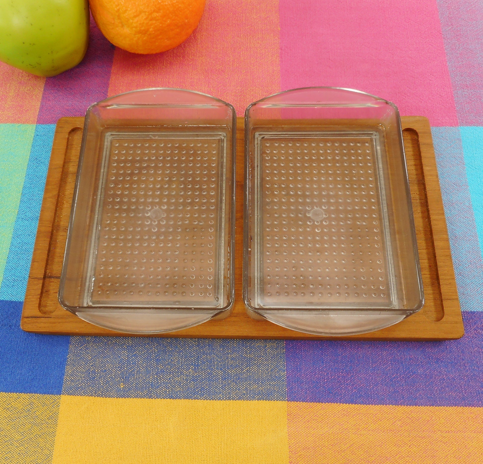 Liithje Denmark Teak Wood Serving Relish Tray - Two Plastic Dishes
