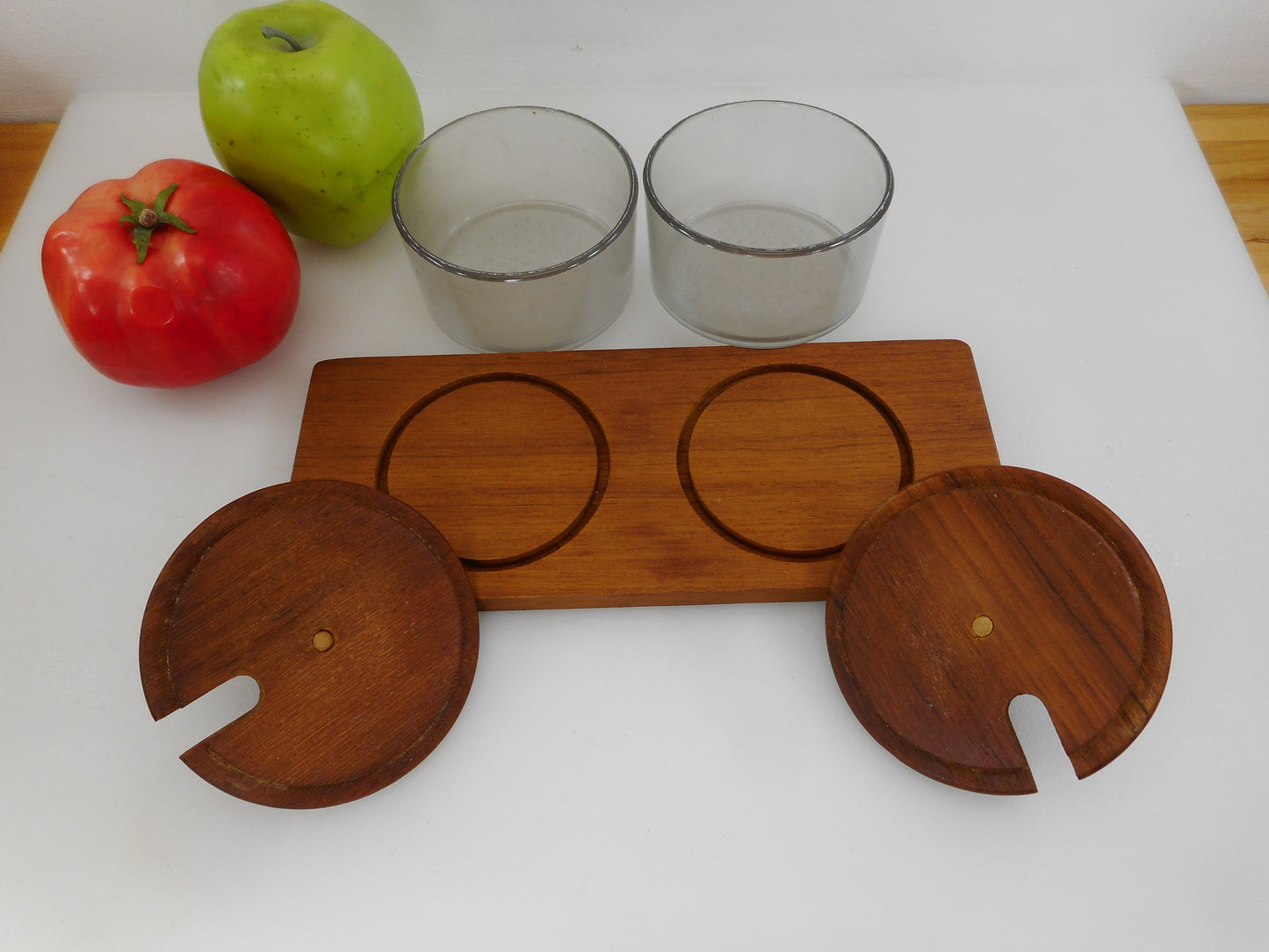 Liithje Denmark Teak Double Dish Condiment Serving Tray - Vintage Danish Modern Used