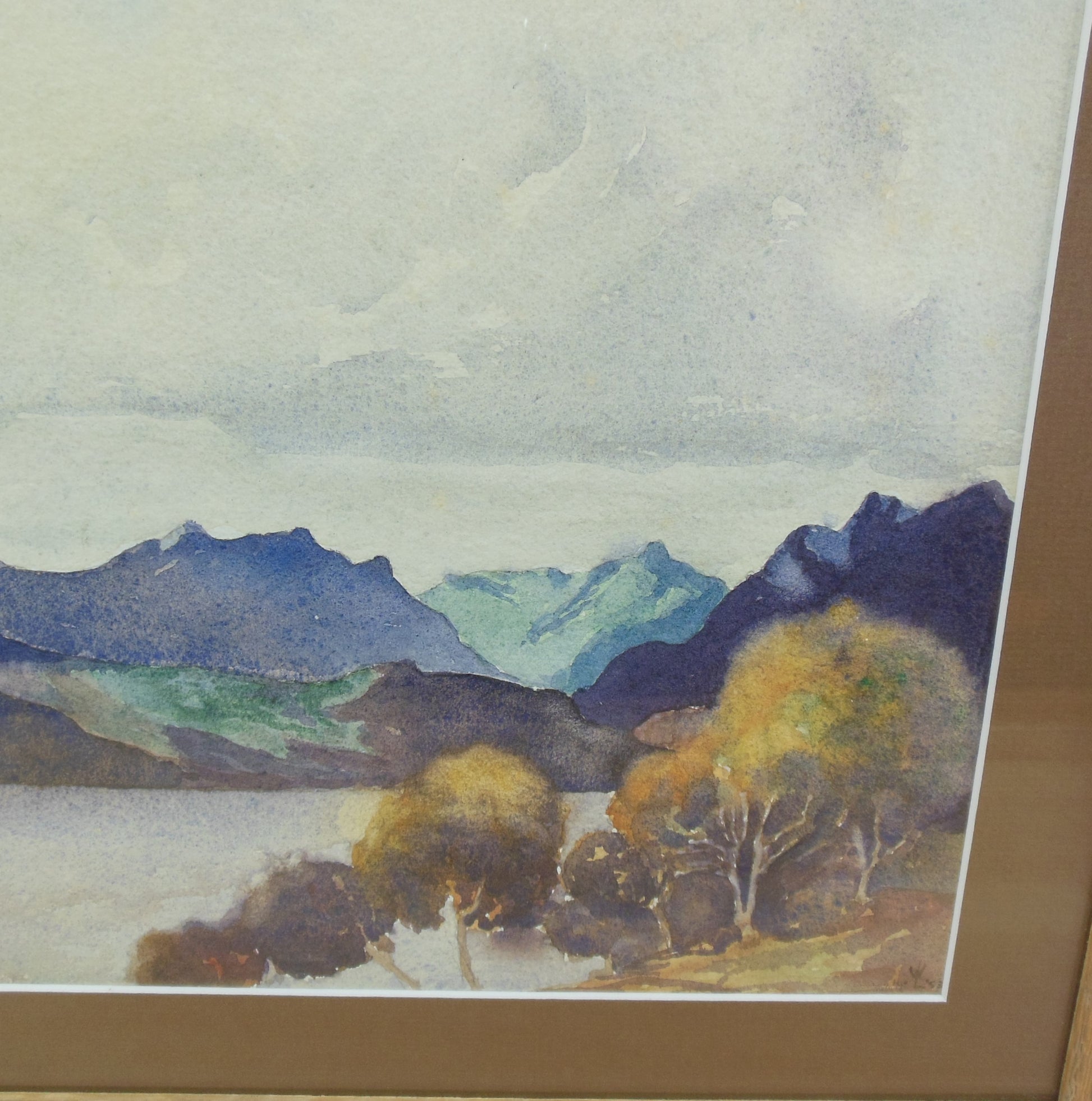 W.L. Signed 1953 Watercolor Painting Purple Mountains Lakes Vintage 1950's