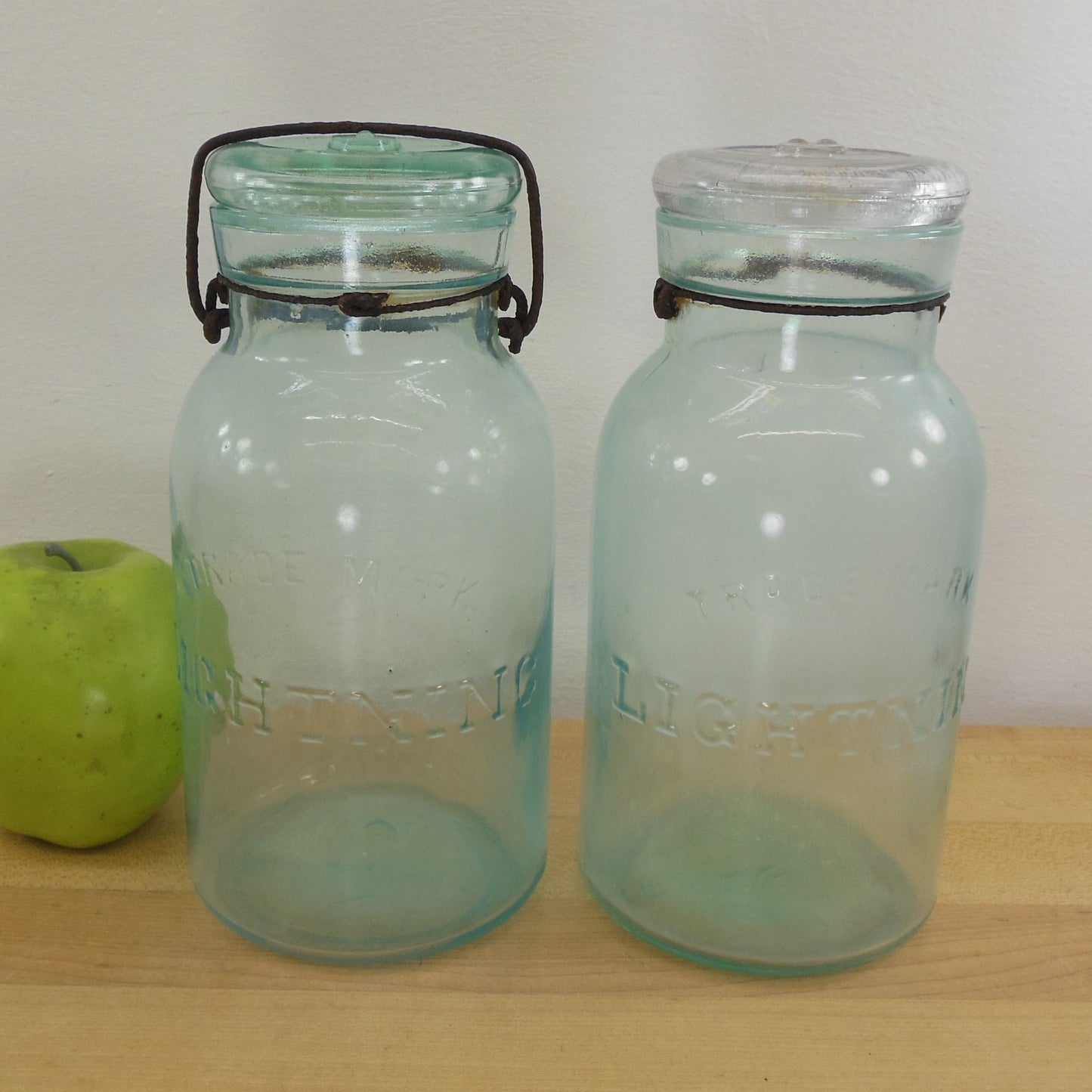 Lightning Putnam Trademark Pair Aqua Glass 1 Quart Fruit Canning Jars