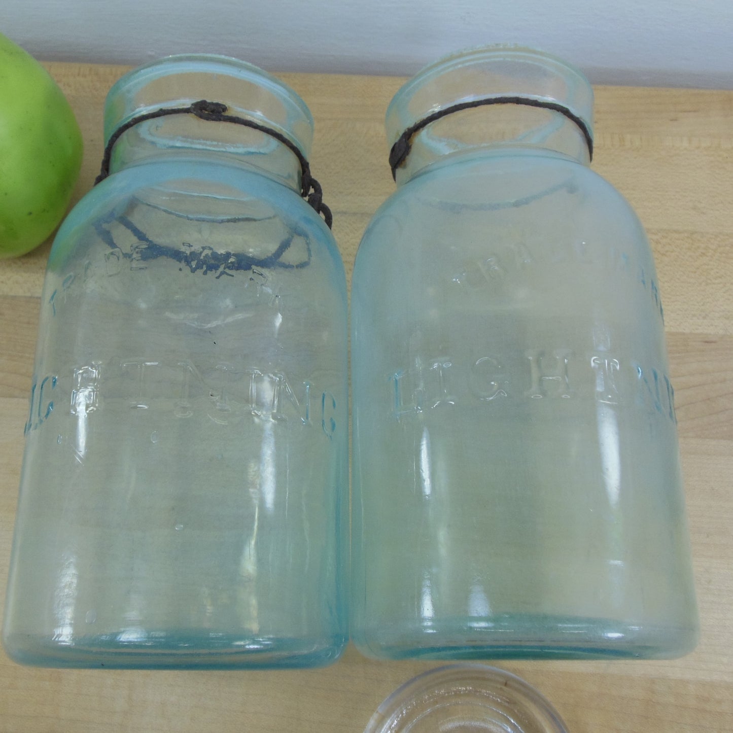 Lightning Putnam Trademark Pair Aqua Glass 1 Quart Fruit Canning Jars Vintage