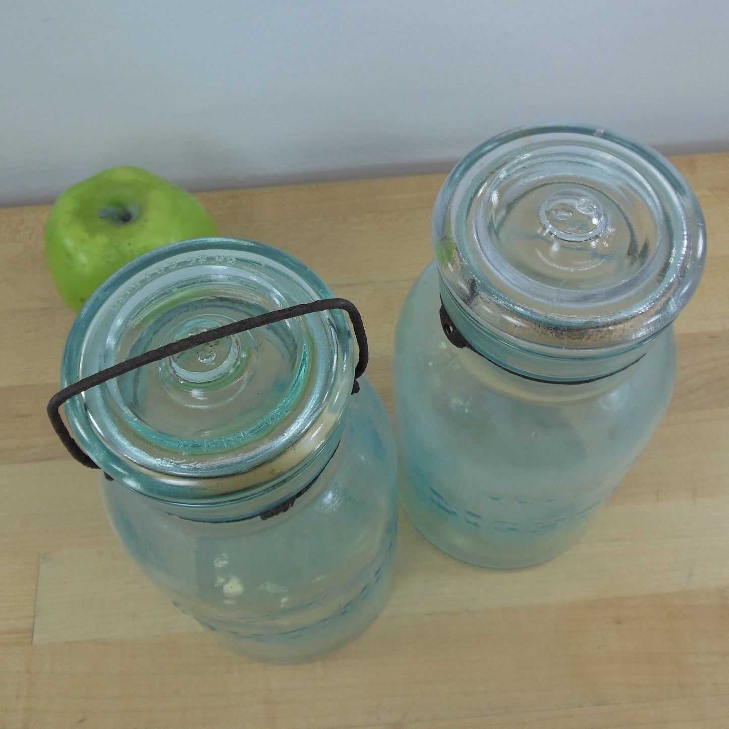 Lightning Putnam Trademark Pair Aqua Glass 1 Quart Fruit Canning Jars Glass Lids