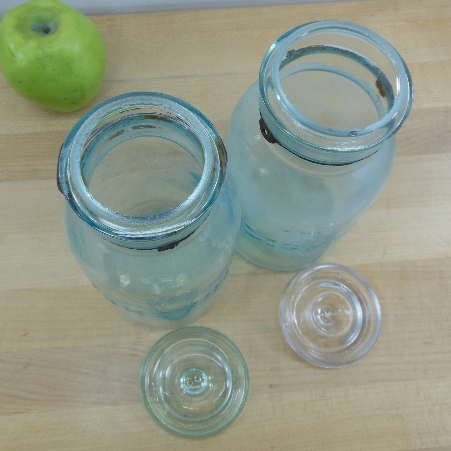 Lightning Putnam Trademark Pair Aqua Glass 1 Quart Fruit Canning Jars Patent 1882