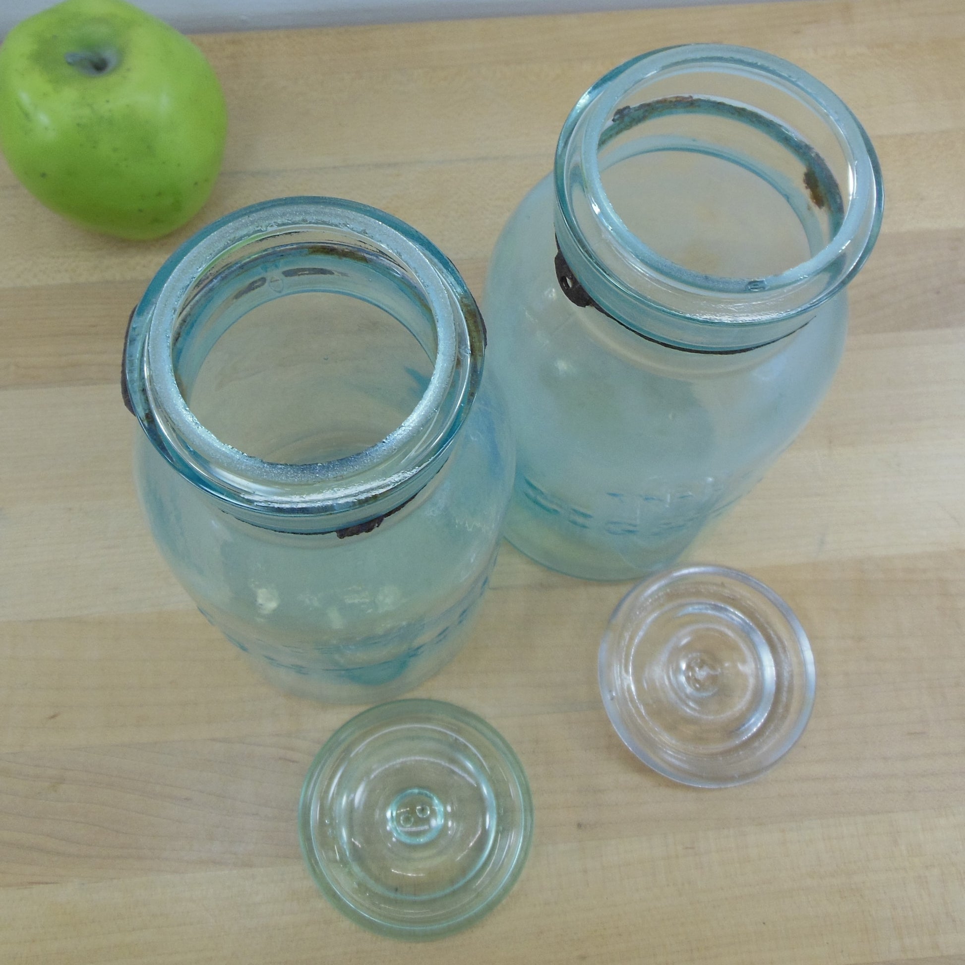 Lightning Putnam Trademark Pair Aqua Glass 1 Quart Fruit Canning Jars Patent 1882