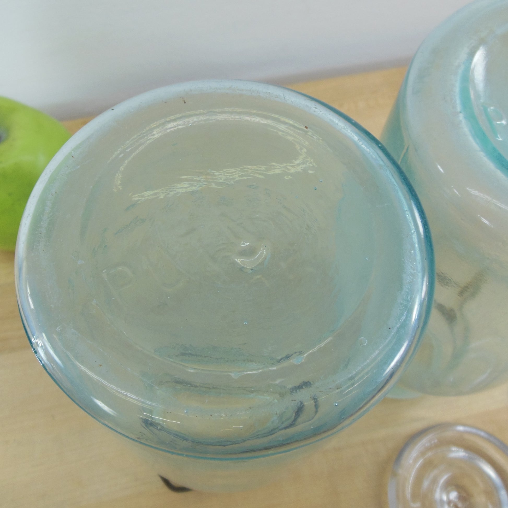 Lightning Putnam Trademark Pair Aqua Glass 1 Quart Fruit Canning Jars Bottoms