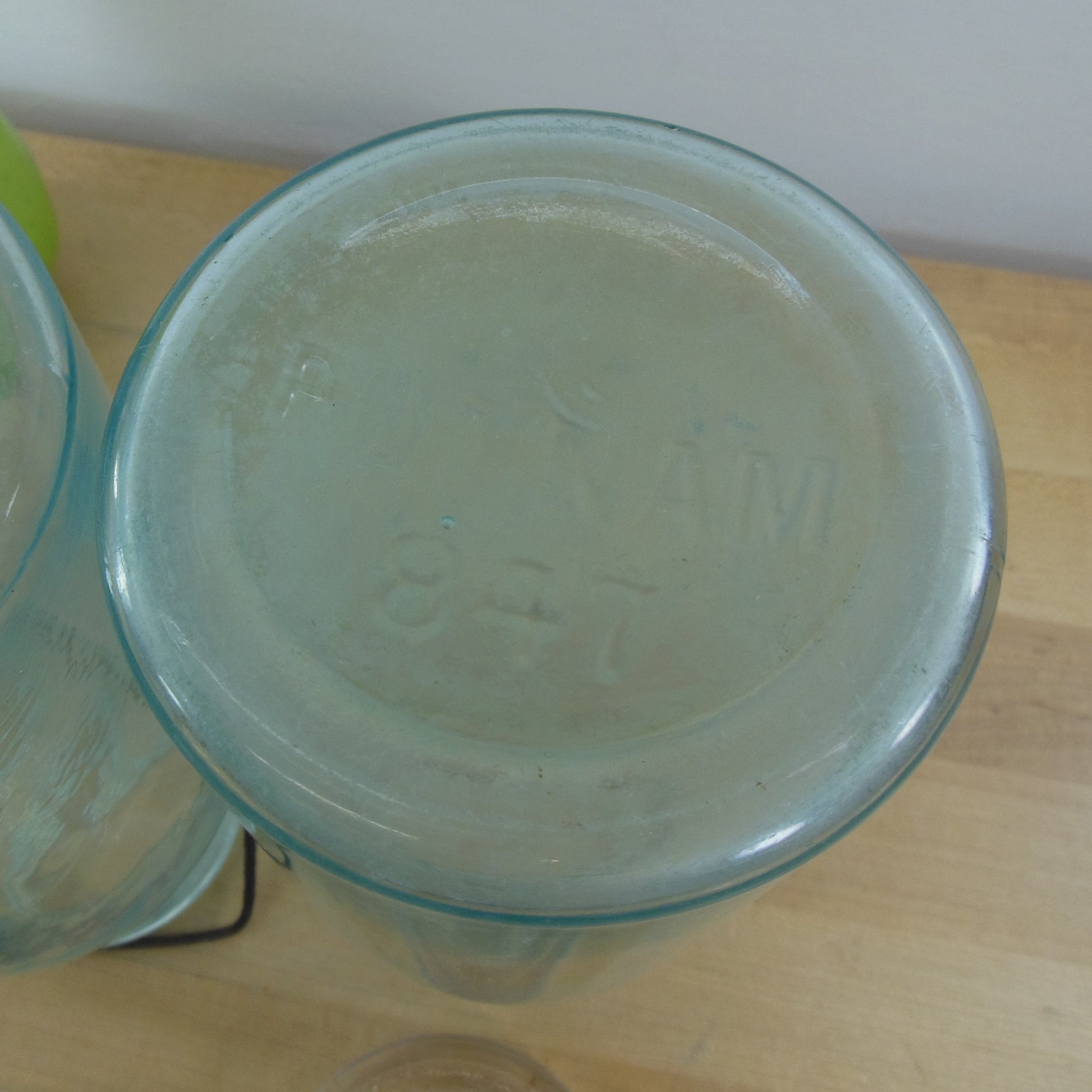 Lightning Putnam Trademark Pair Aqua Glass 1 Quart Fruit Canning Jars Antique