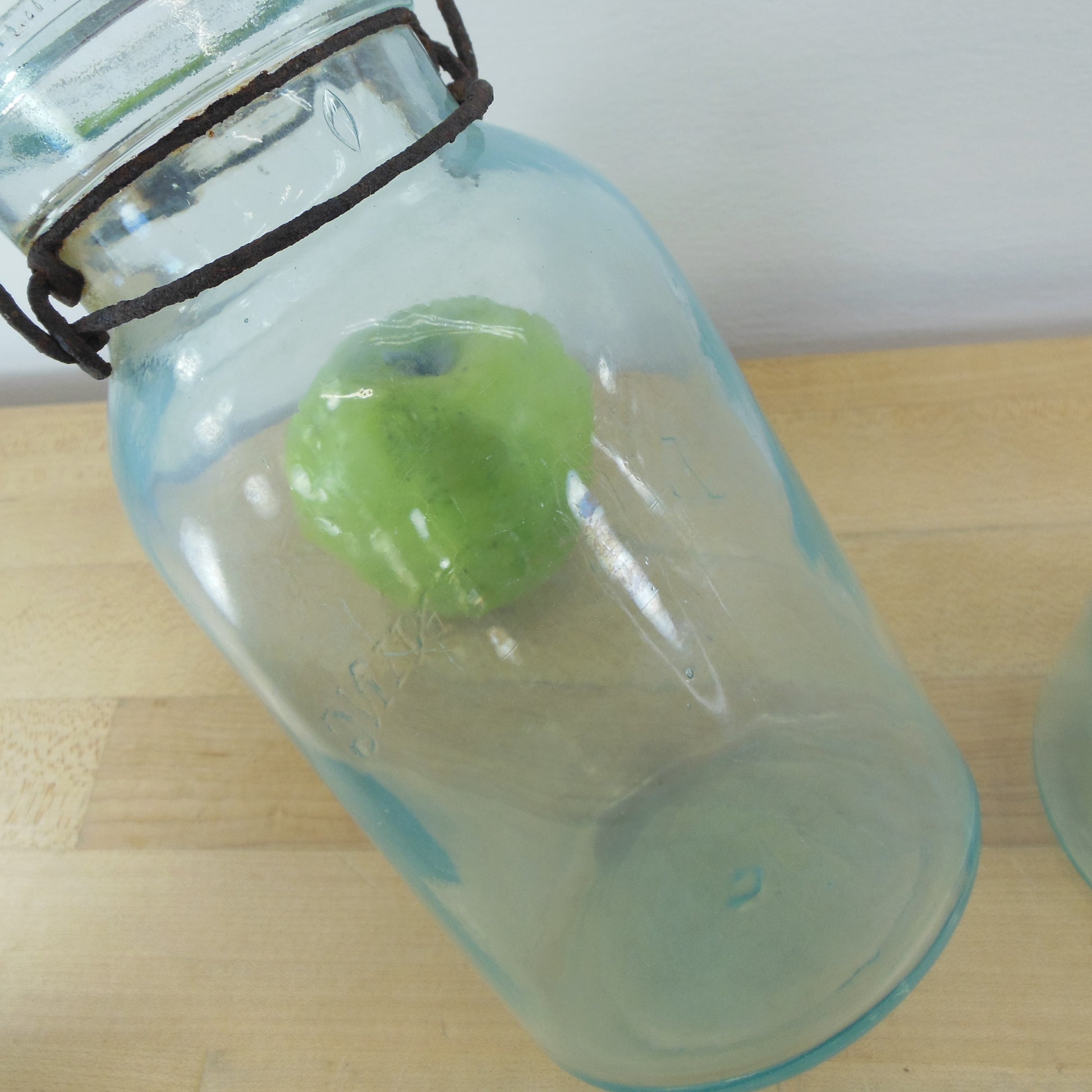 Lightning Putnam Trademark Pair Aqua Glass 1 Quart Fruit Canning Jars Bale