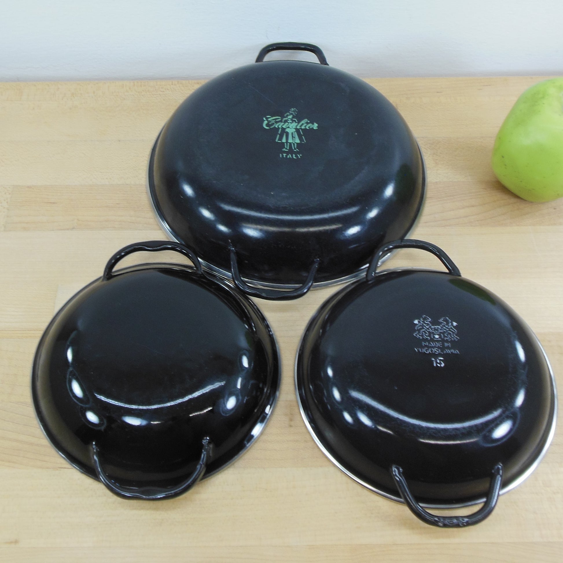 Lot 3 Enamelware Sizzling Au Gratin Pans - EMO Celje Cavalier Blue Yellow Vintage