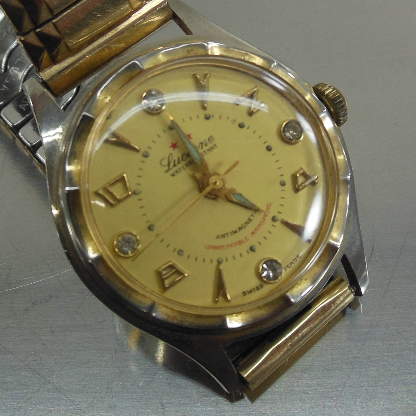 Lucerne Swiss Self Winding Diamond Gold Plate Men's Watch Admiral Band Gold Filled