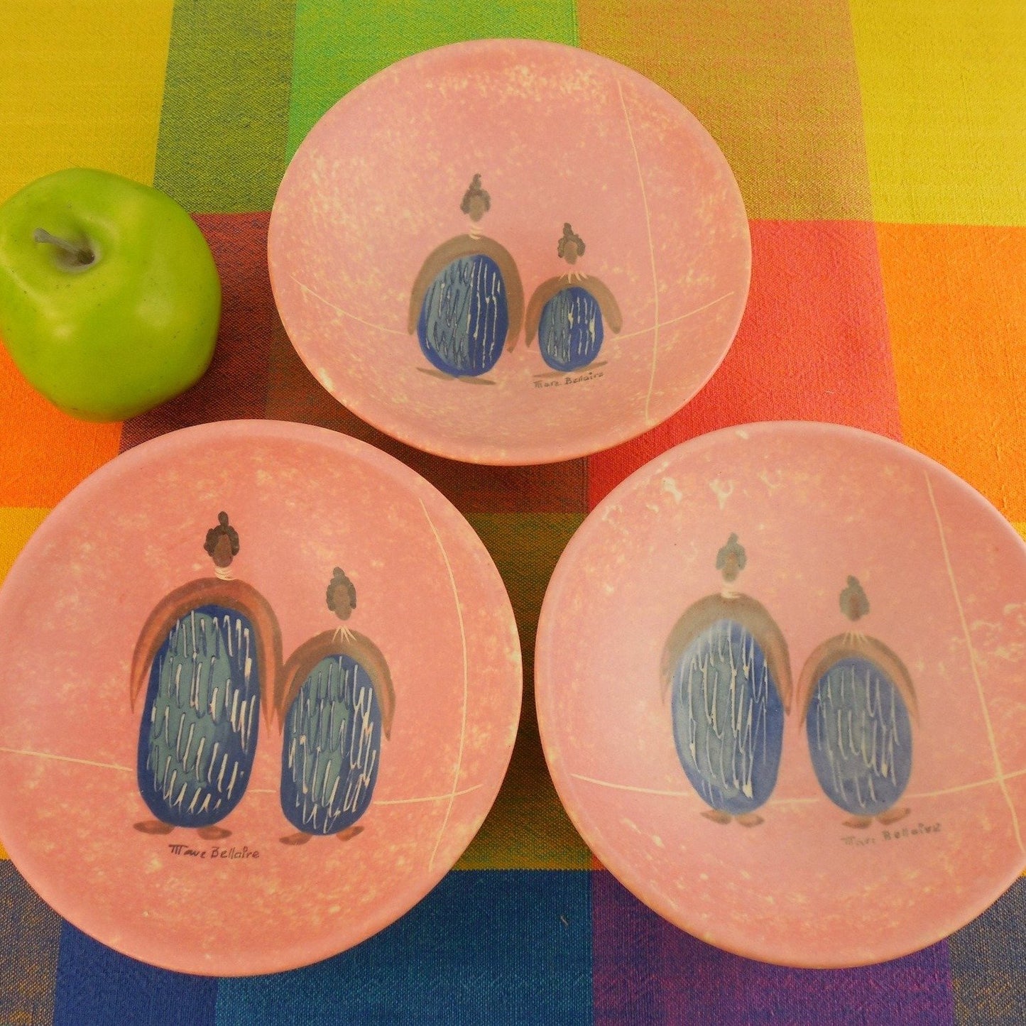 Marc Bellaire Vintage Signed California Pottery Bowls - Pink Native Family