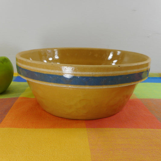 McCoy Rare Yellow Ware Bowl Blue White Bands Embossed Berries