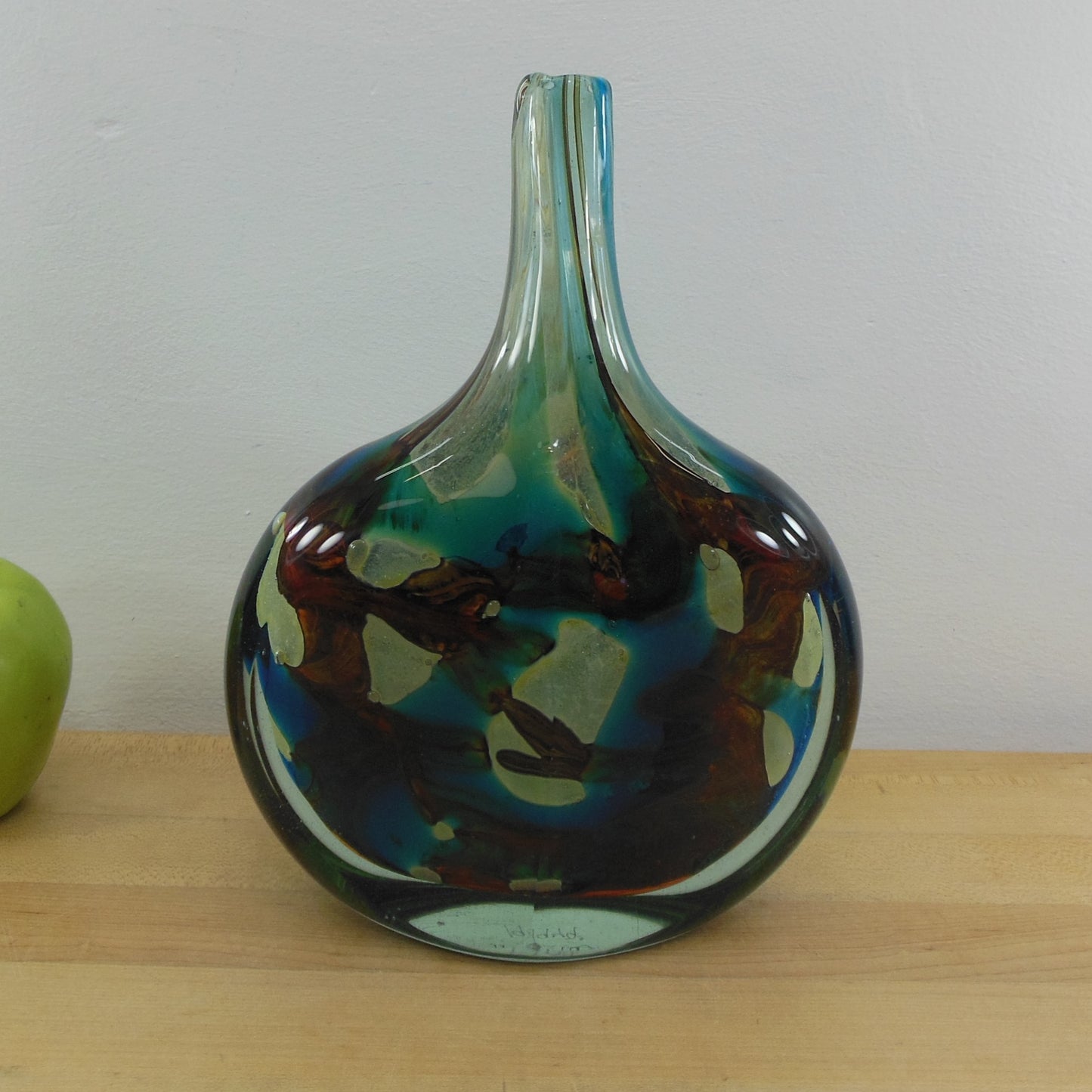 Mdina Maltese Signed 1979 Lollipop Art Glass Vase Sea Blue Brown