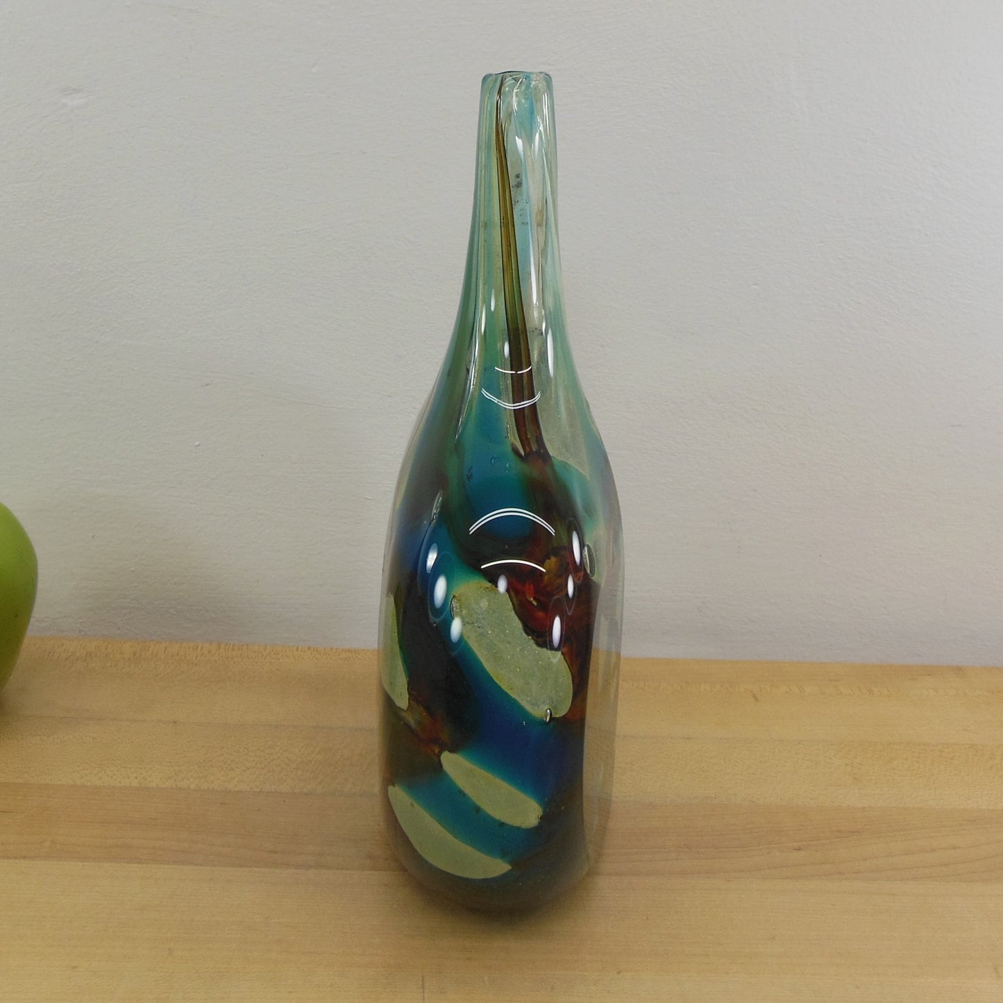 Mdina Maltese Signed 1979 Lollipop Art Glass Vase Sea Blue Brown Michael Harris