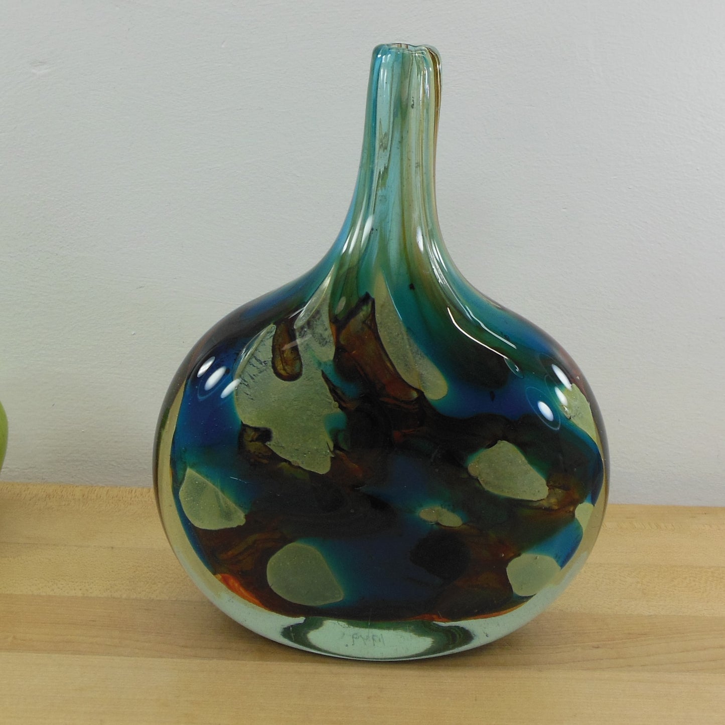 Mdina Maltese Signed 1979 Lollipop Art Glass Vase Sea Blue Brown Vintage