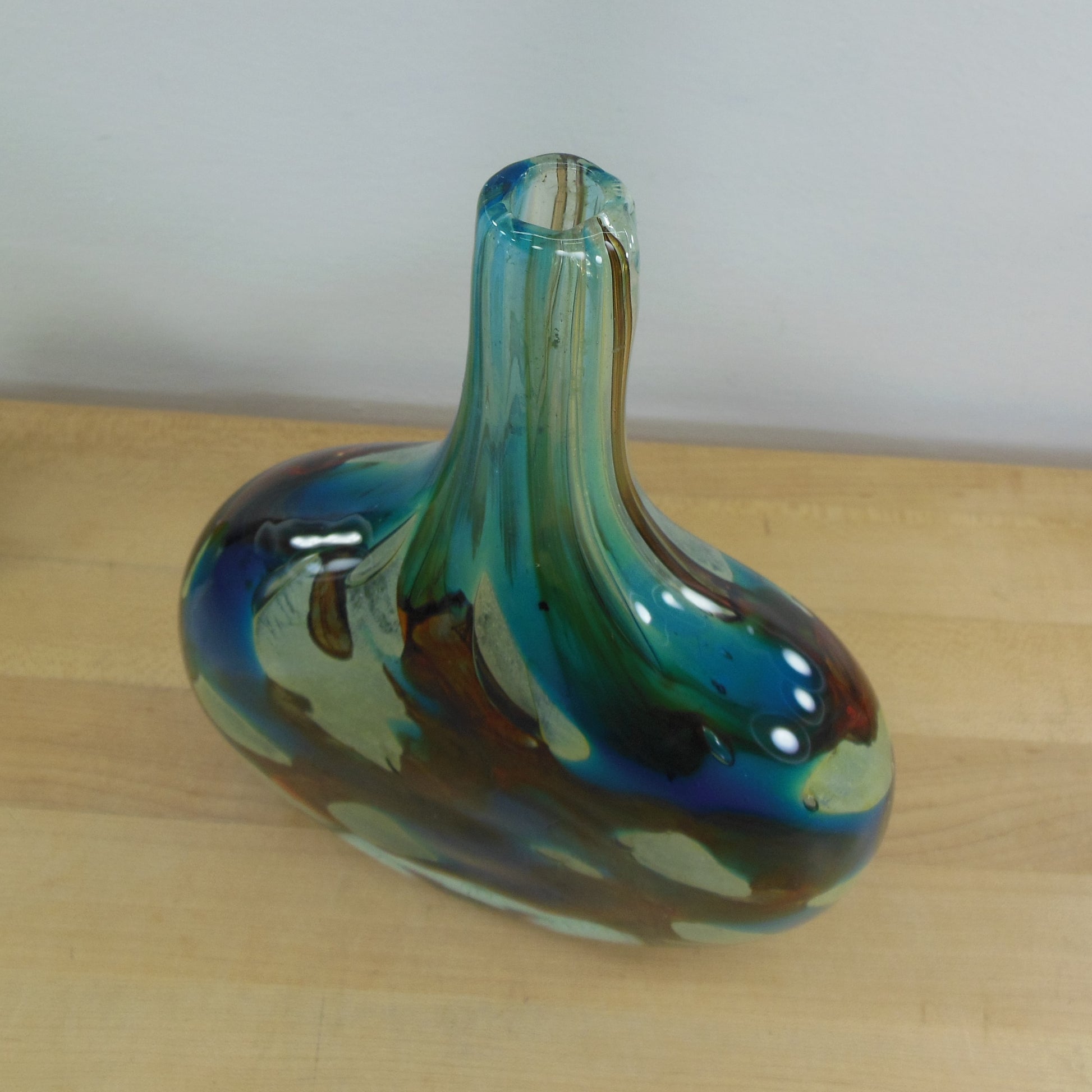 Mdina Maltese Signed 1979 Lollipop Art Glass Vase Sea Blue Brown Green