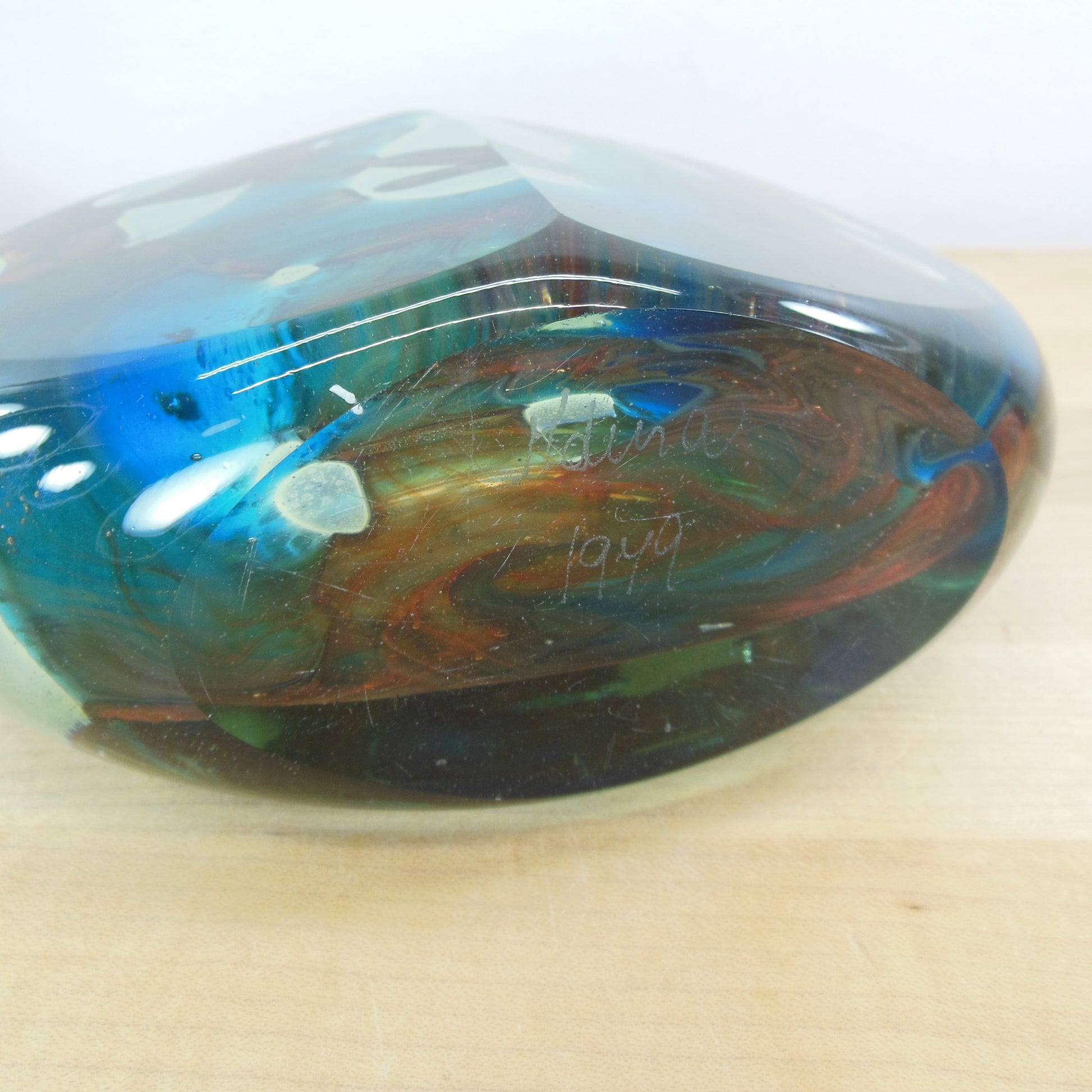 Mdina Maltese Signed 1979 Lollipop Art Glass Vase Sea Blue Brown Signed