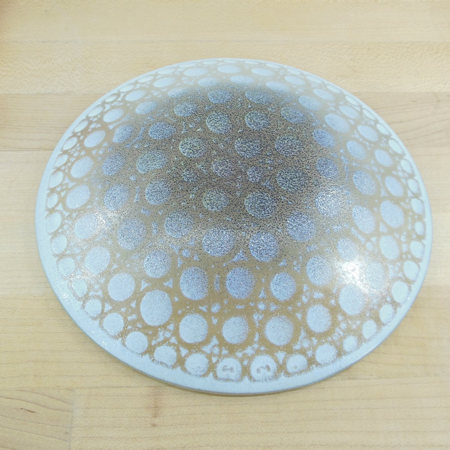 Maurice Heaton Fused Art Glass 8" Bowl Dots Circles Concentric Modern Yellow White Indigo Black