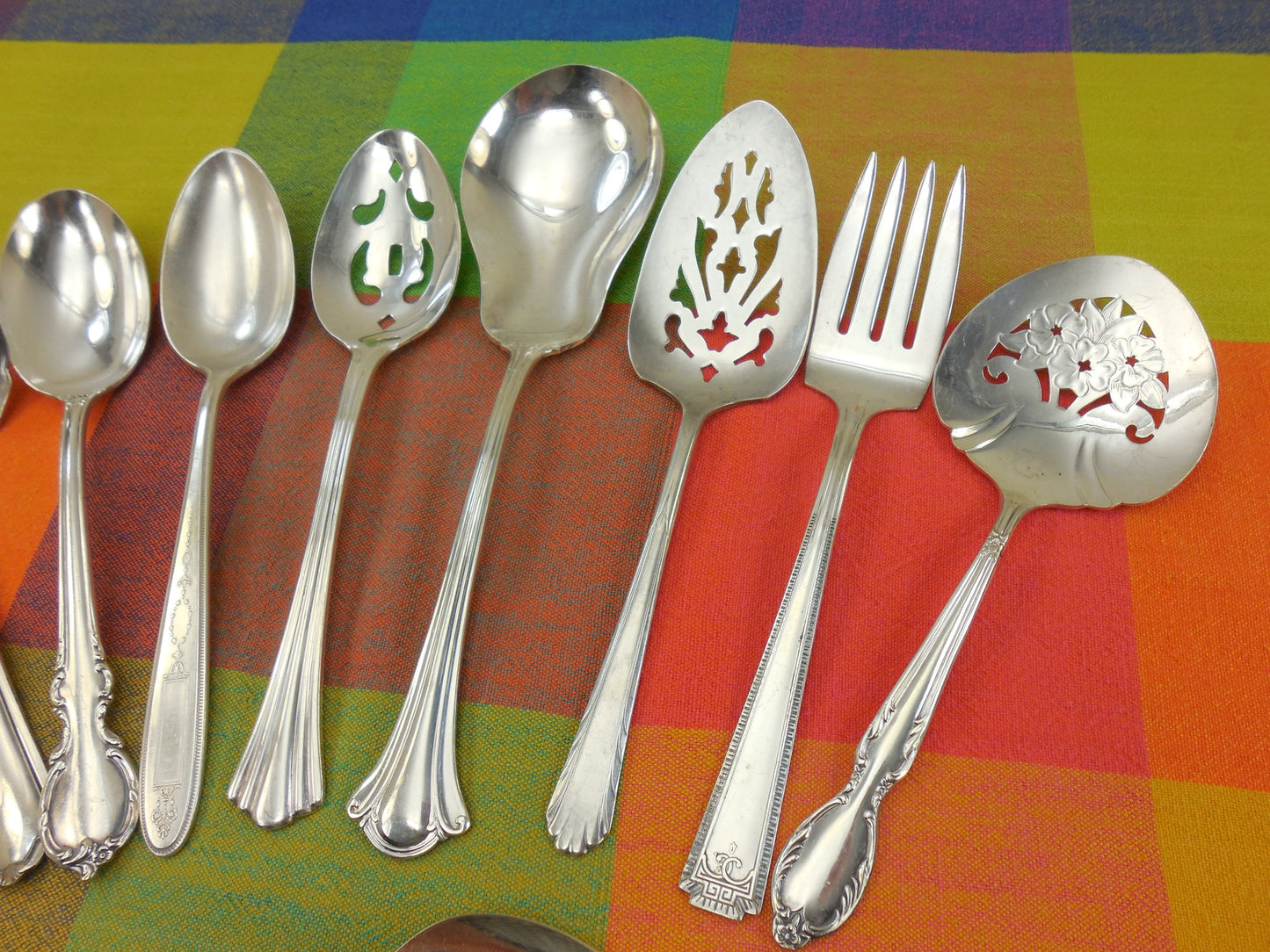 12 Piece Mismatched Serving Set - Shabby Cottage Elegant Floral Silverplate Flatware... Antique Silverware... meat fork