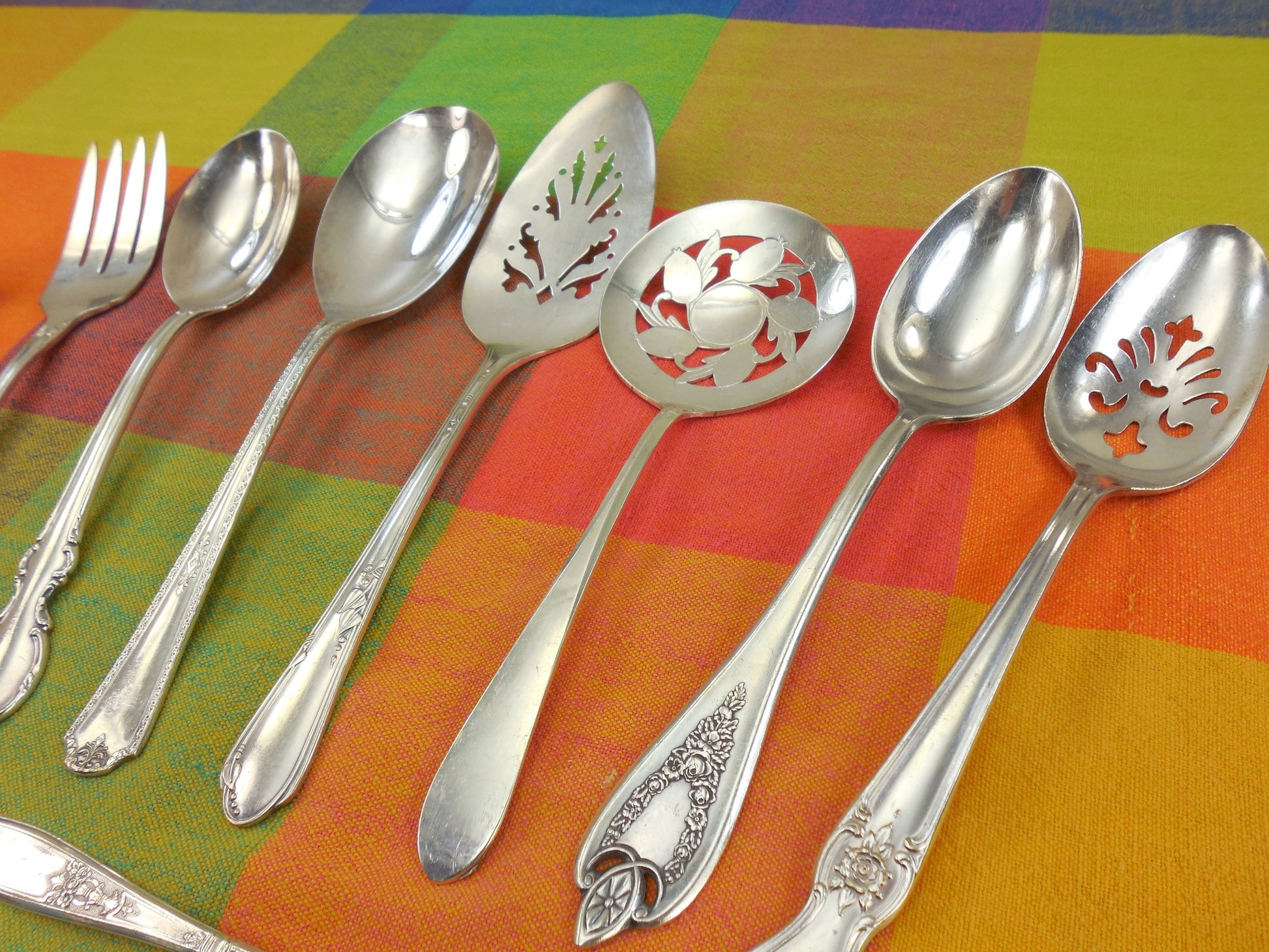 12 Piece Mismatched Serving Set - Cottage Chic Floral Traditional Edwardian Silverplate Flatware... Antique Silverware... large spoons