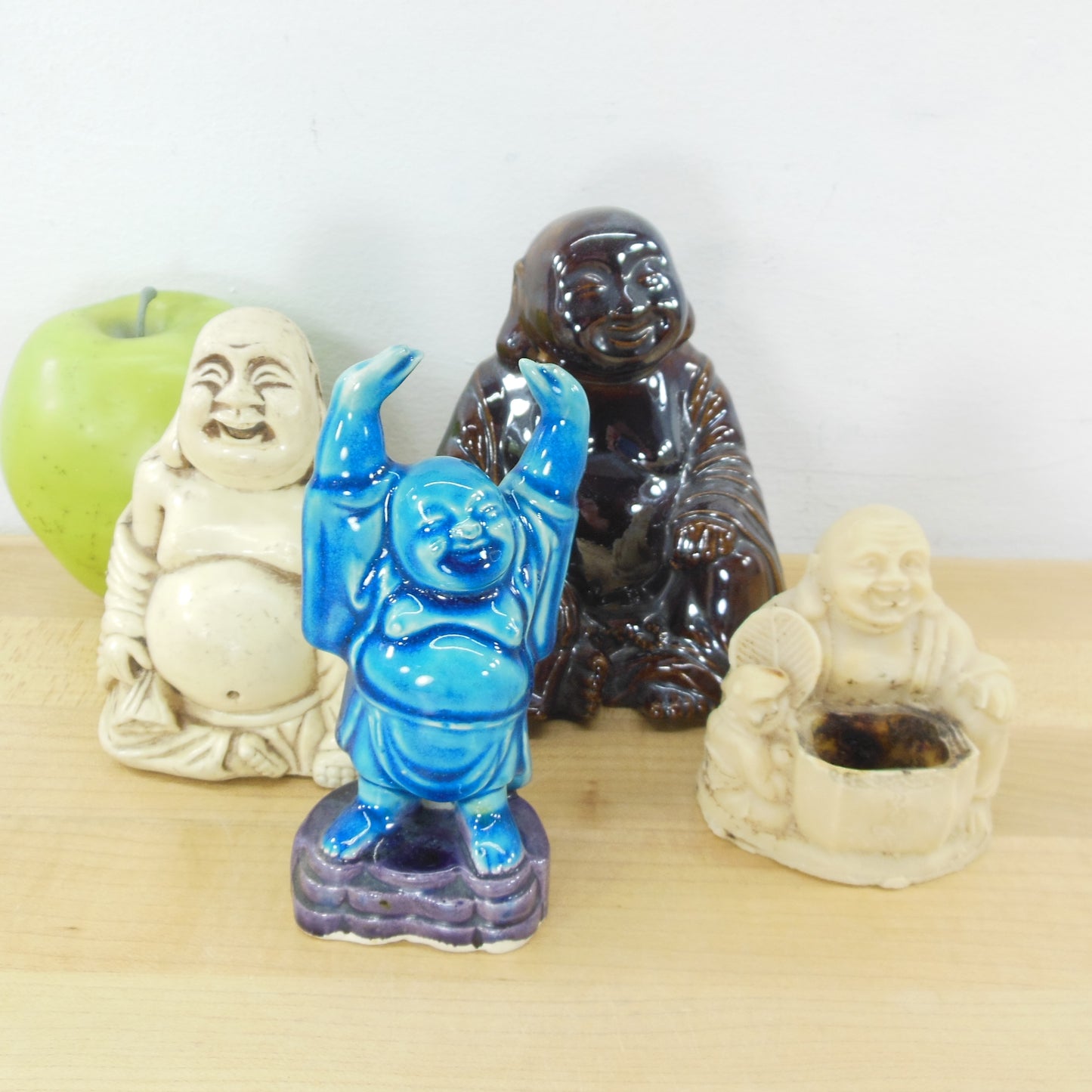 Buddha Small Statue Lot of Four - Ceramic Resin Blue White Brown