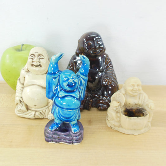 Buddha Small Statue Lot of Four - Ceramic Resin Blue White Brown