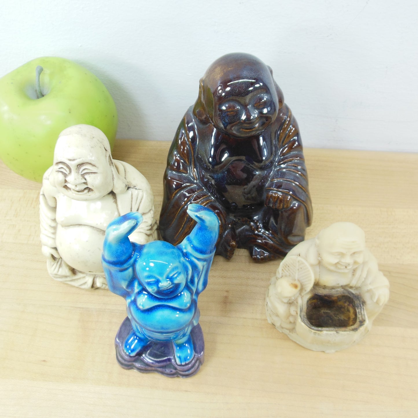 Buddha Small Statue Lot of Four - Ceramic Resin Blue White Brown Vintage