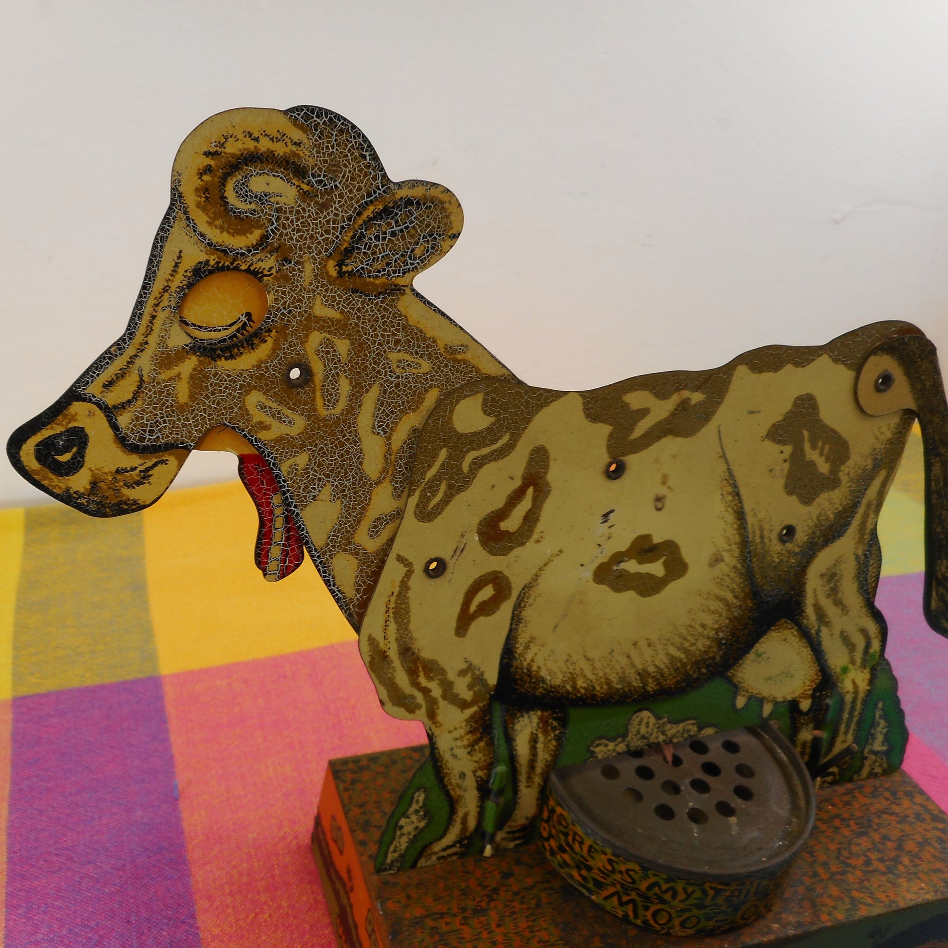 Cow Vintage Litho Tin Toy - Press My Tail And I Moo-oo Mouth Opens