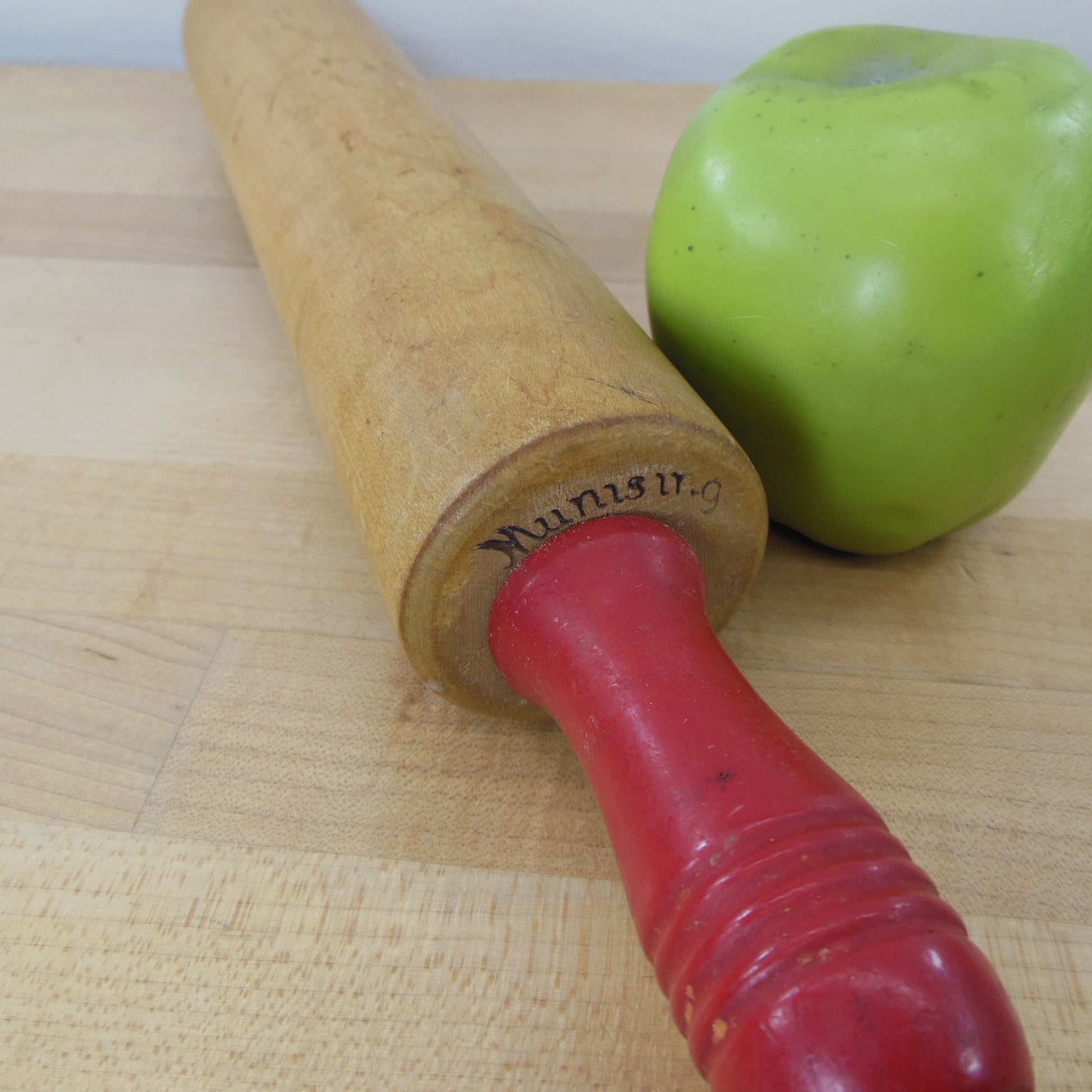 Munising Maple Rolling Pin Red Handles Signed Vintage