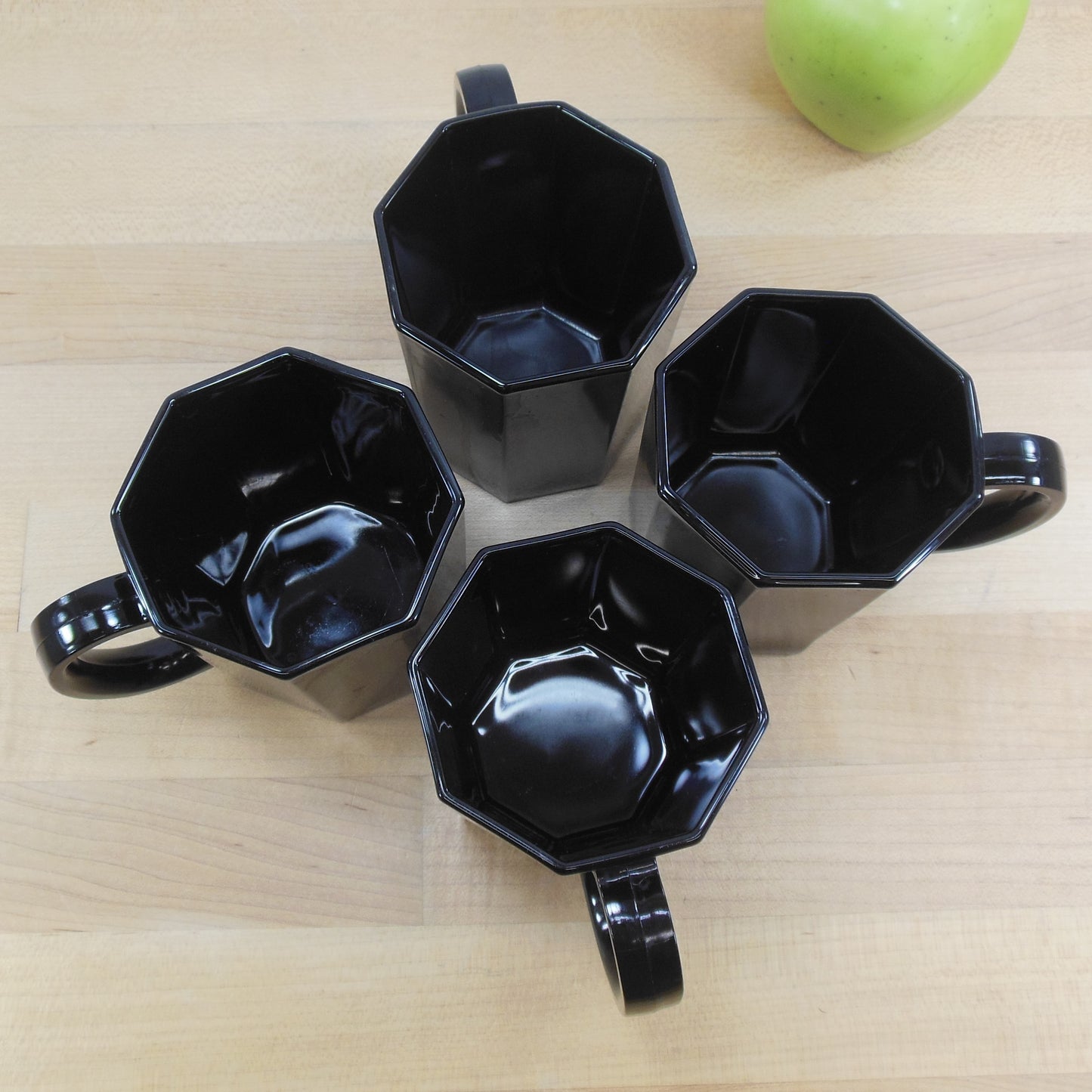 Arcoroc France Octime Black Octagonal Glass Dinnerware - Mugs 4 Set Vintage