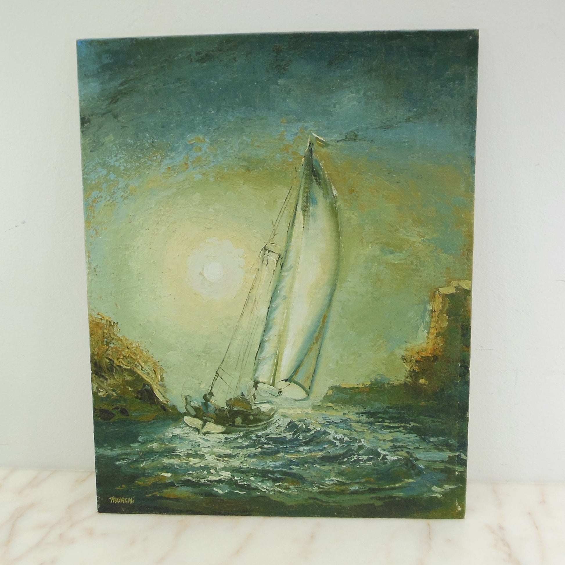Murch Signed Oil Painting Sailboat Rock Shore Cliff