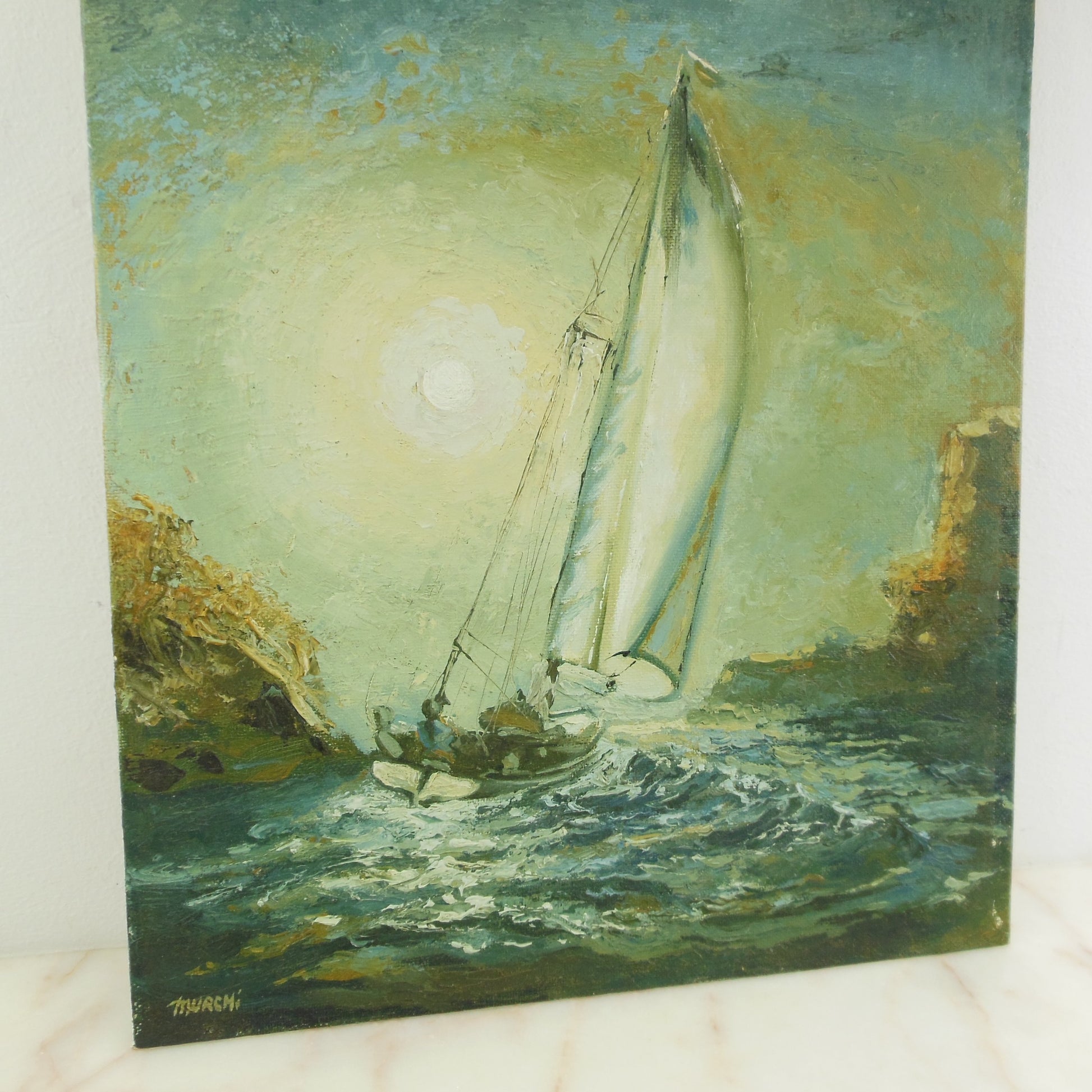 Murch Signed Oil Painting Sailboat Rock Shore Cliff Vintage