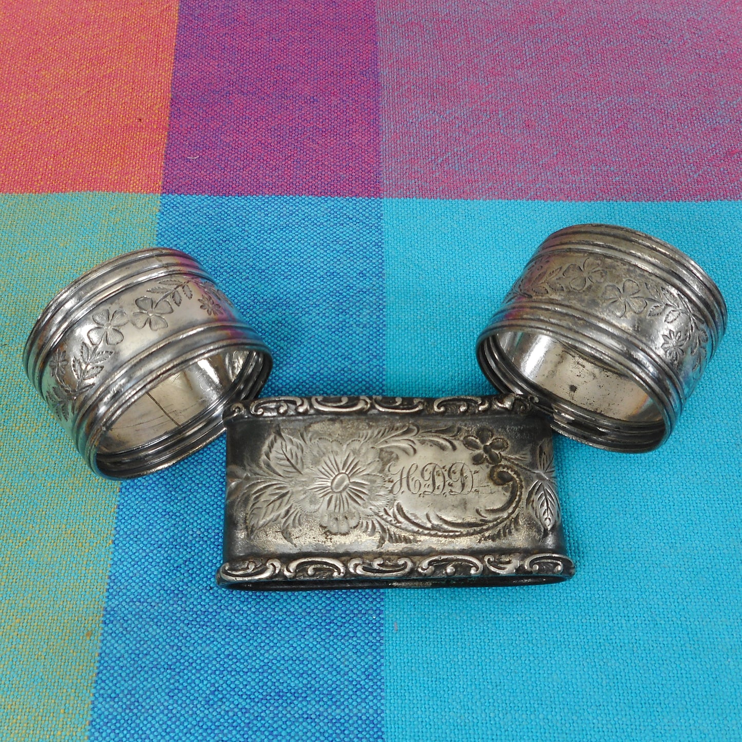 Victorian Antique Silver Plate Napkin Ring Holders Floral Engraved
