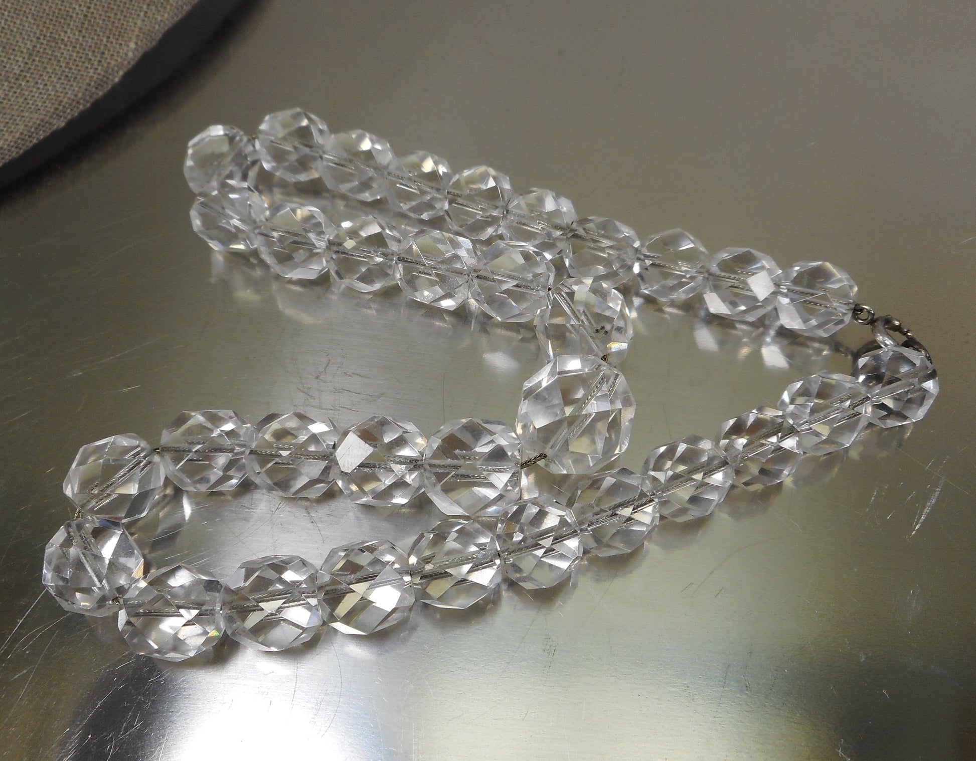 Art Deco Faceted Bead Rock Crystal Quartz 16" Necklace Wire Strung Antique
