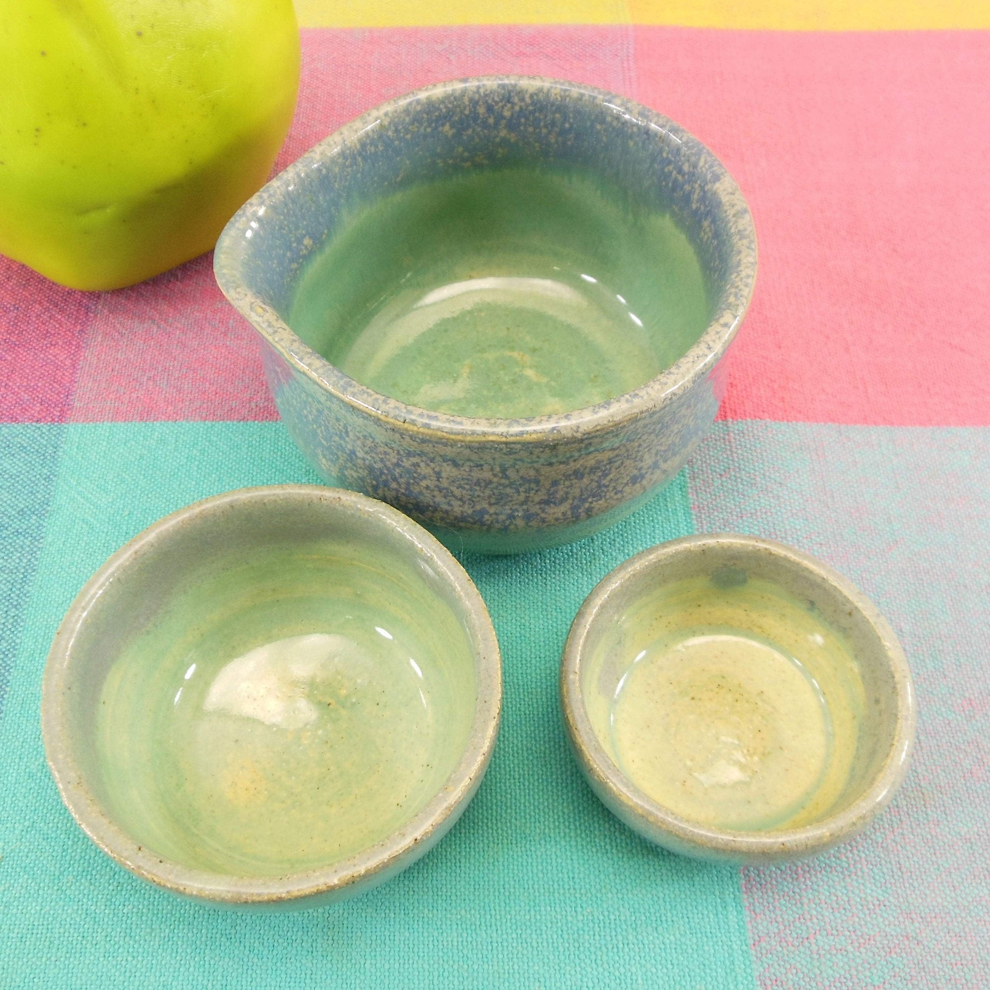 K. Norton Pottery Nesting Cups Sake Measuring Blue/Green Vintage