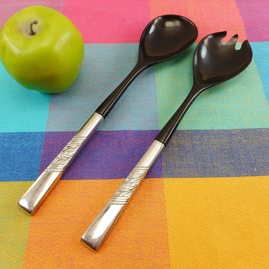 Oneida Catalina Salad Server Set Fork Spoon - Stainless Black Nylon/Plastic Vintage