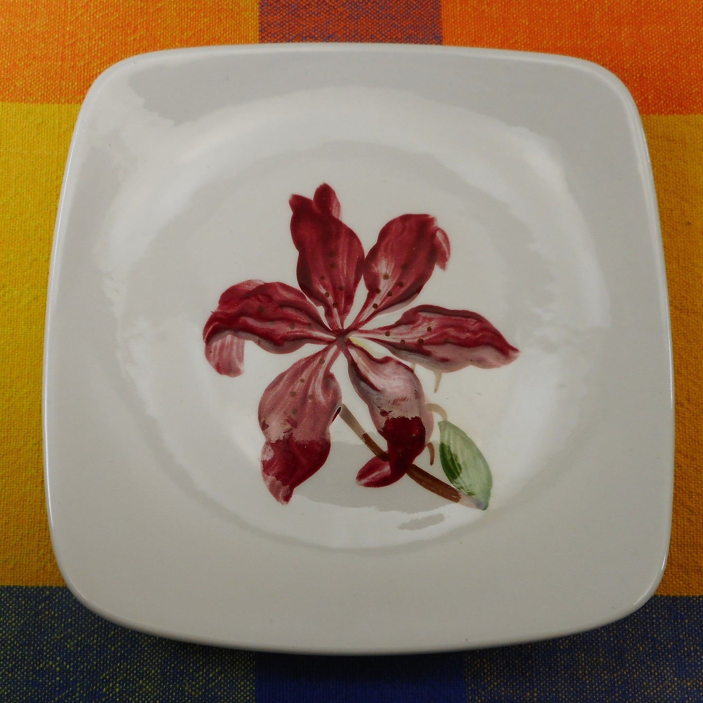 Orchard Ware California Pottery Red Lily Flower - Square Bread & Butter Plate 5-7/8"