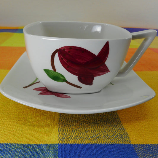 Orchard Ware California Pottery Red Lily Flower - Square Cup & Saucer