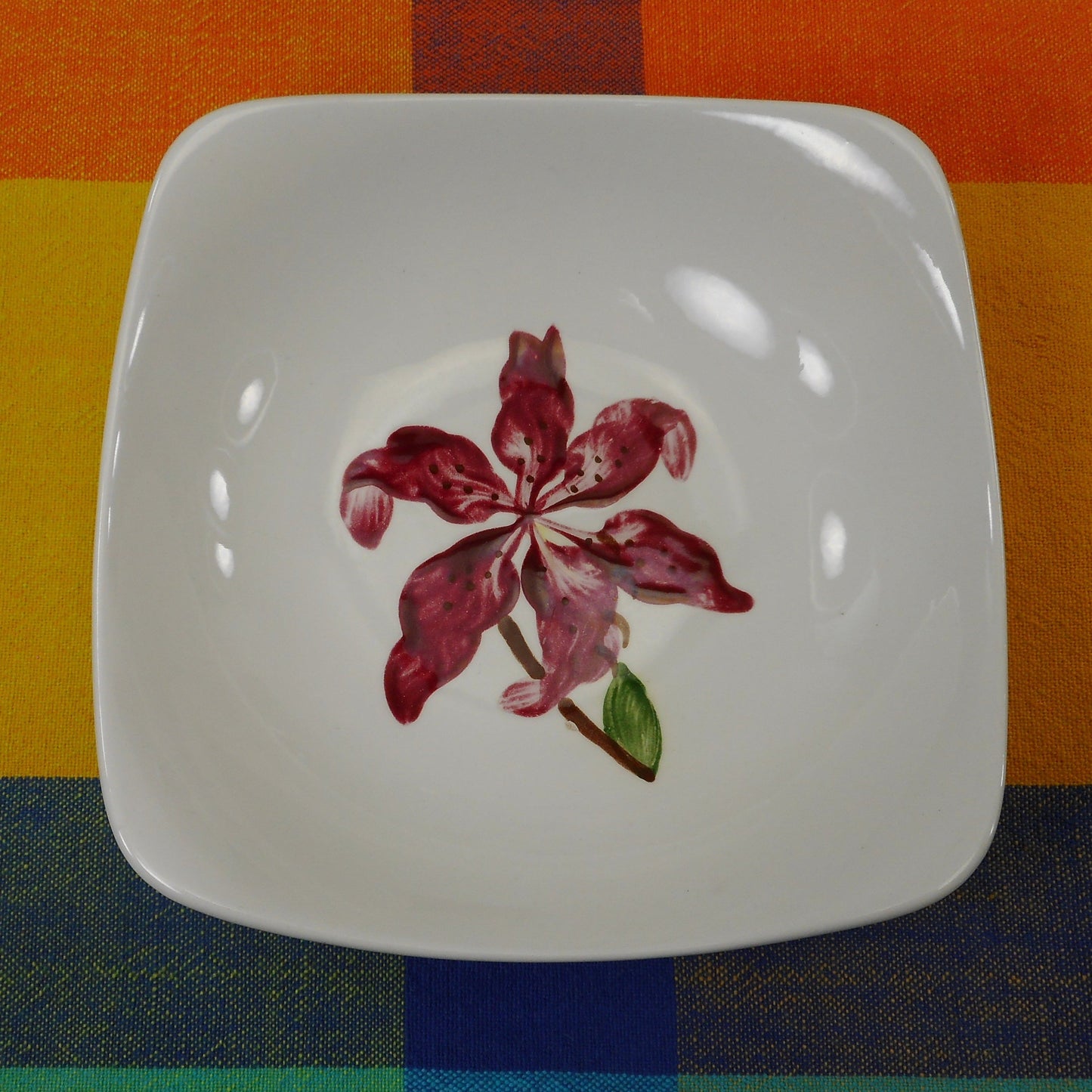 Orchard Ware California Pottery Red Lily Flower - Square Soup Cereal Bowl 6"