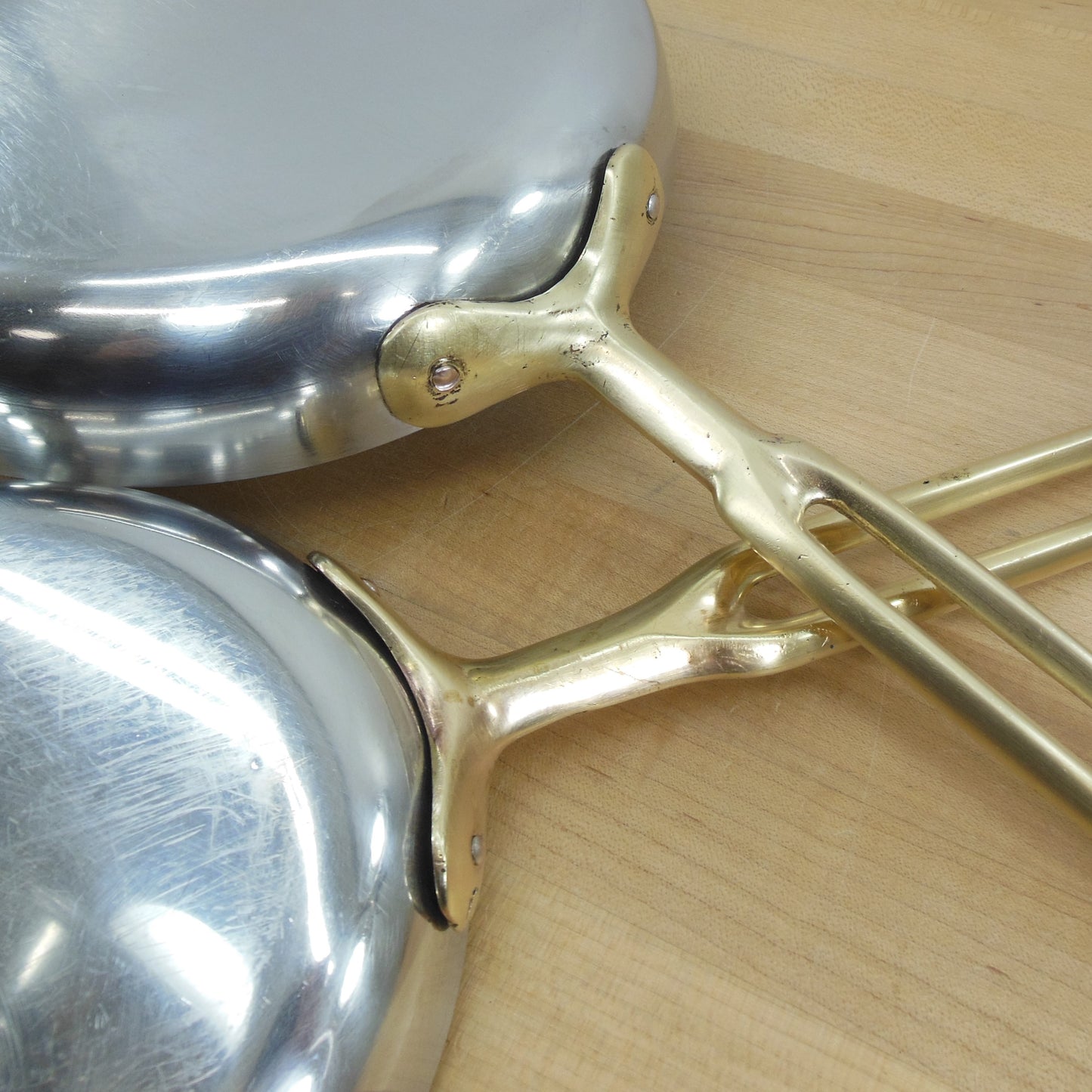 Unbranded Pair Oval Omelet Fish Fry Pan Skillets Tri-Ply Stainless Brass Handle Cleaned