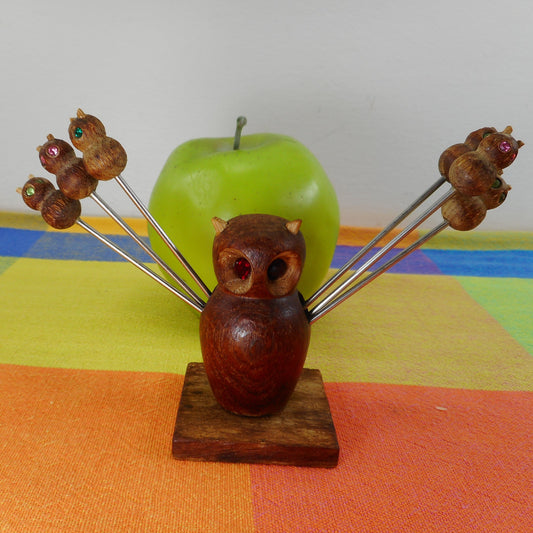 Owl Wood Rhinestone Eye Appetizer Hors d'oeuvre Fork Picks