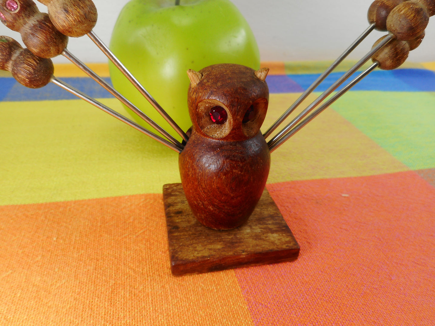Owl Wood Rhinestone Eye Appetizer Hors d'oeuvre Fork Picks Vintage