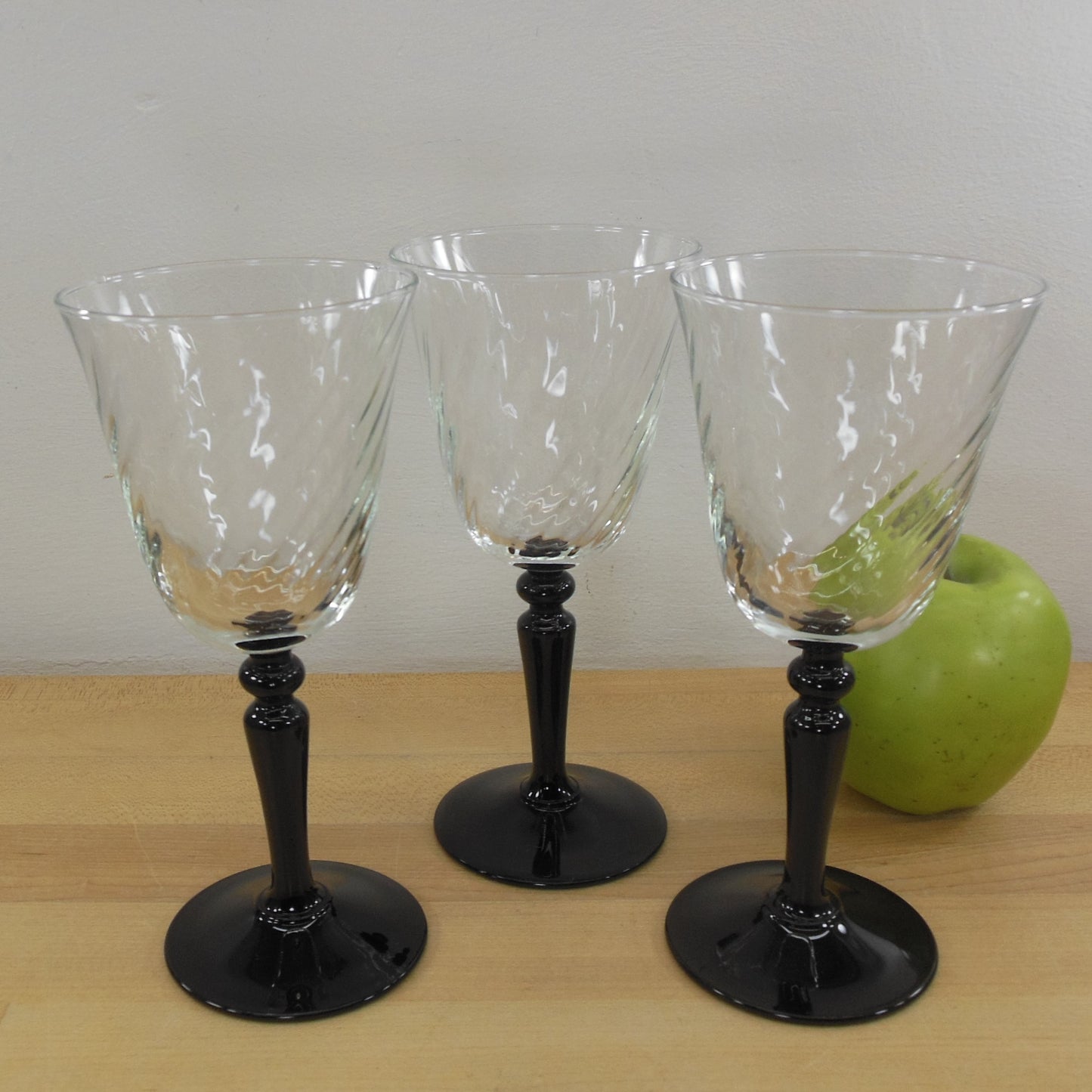 Durand France Luminarc Onyx Swirl Black Stem Glass - 3 Water Goblets