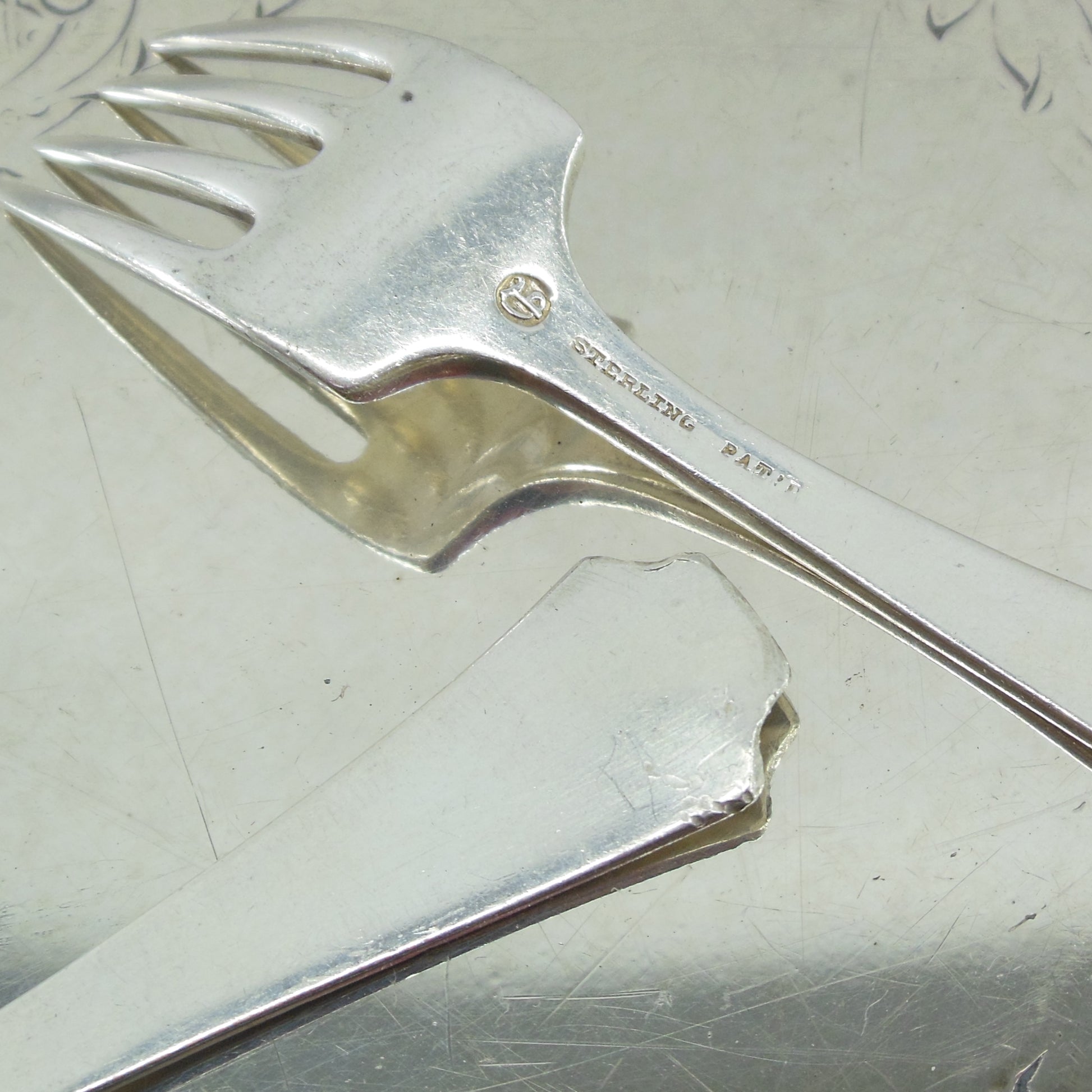 Gorham Fairfax Sterling Silver baby Fork Spoon Mono J.W.H. Jr. Damage