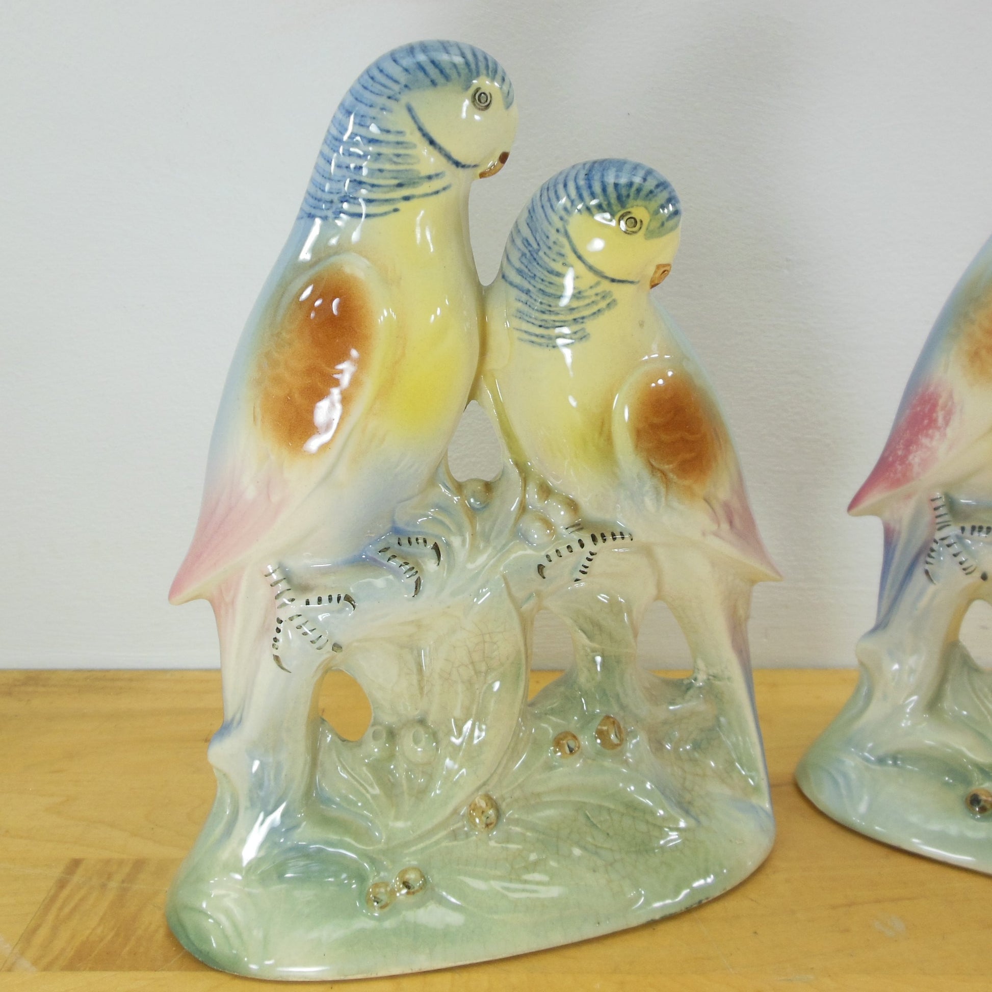 Blue Parrot Pair Porcelain 7-1/2" Figurines Hand Painted