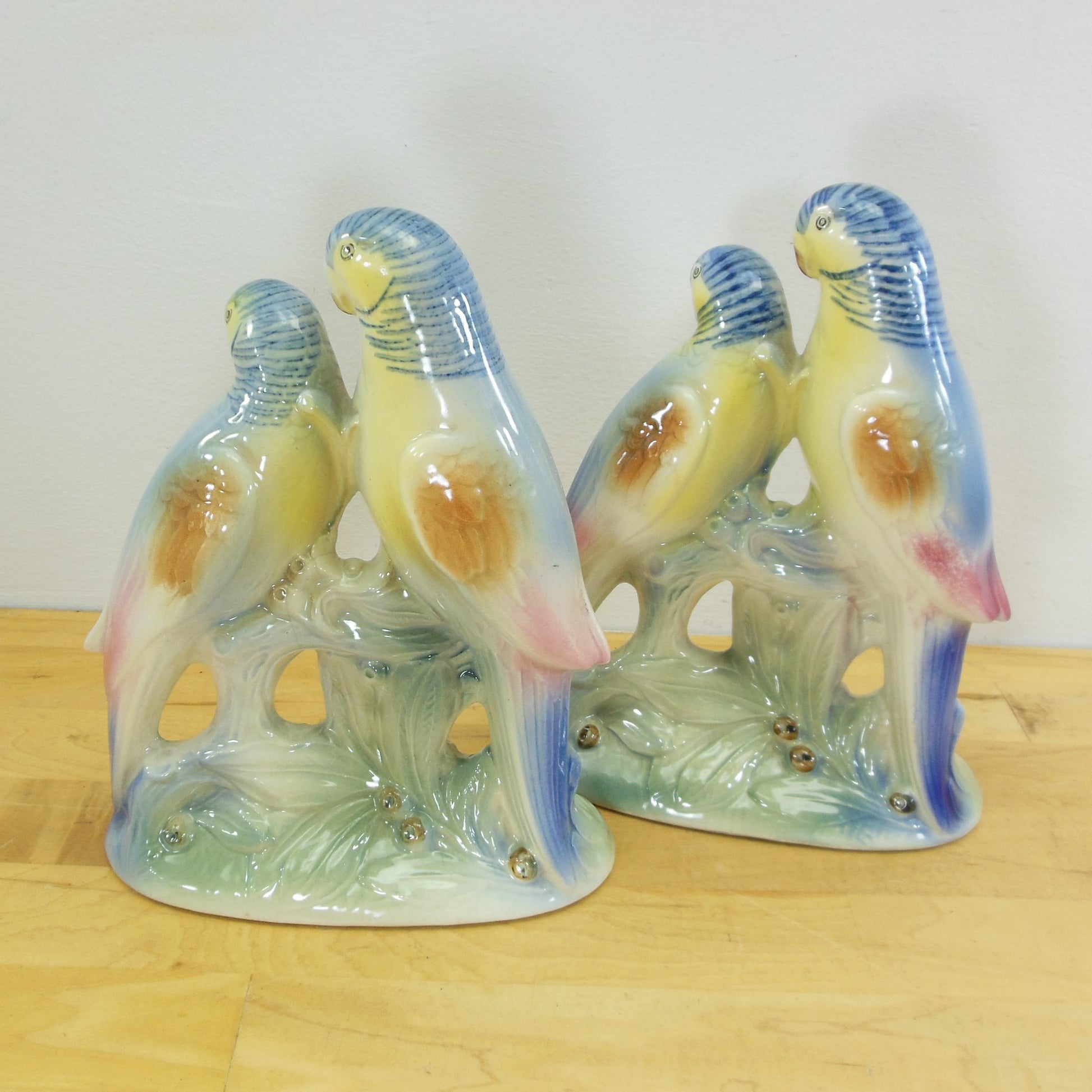 Blue Parrot Pair Porcelain 7-1/2" Figurines Matched
